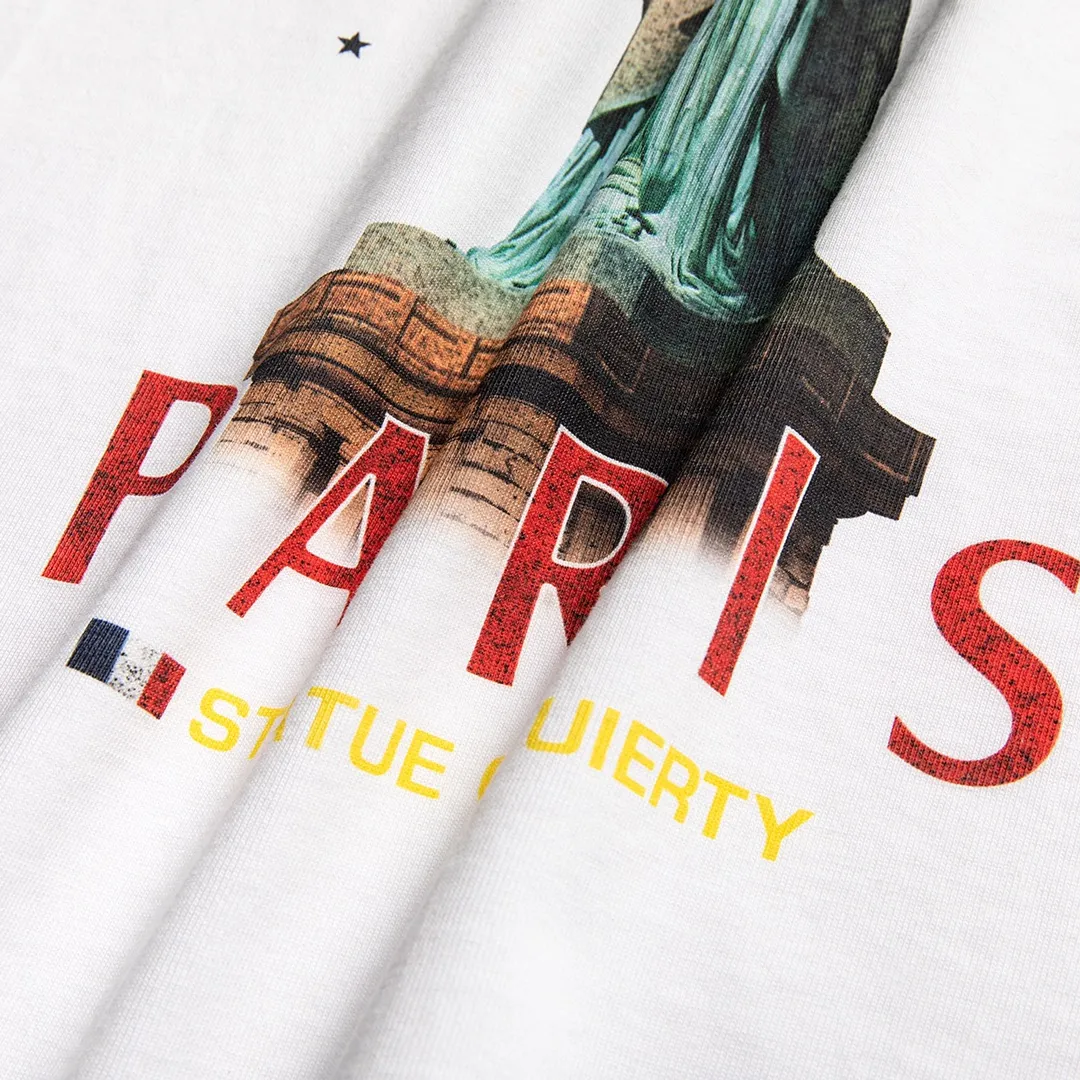 🅿️180 9112# Detailed picture Top version [[BALENCIA*GA] official website quality Paris new Statue of Liberty catwalk style short-sleeved T-shirt OS version loose dropped shoulders Unisex fabric: 260g 100% cotton double yarn Technology: front digital direct printing Garment wash worn distressed fixed color Color: washed black white Size: XS S M L
