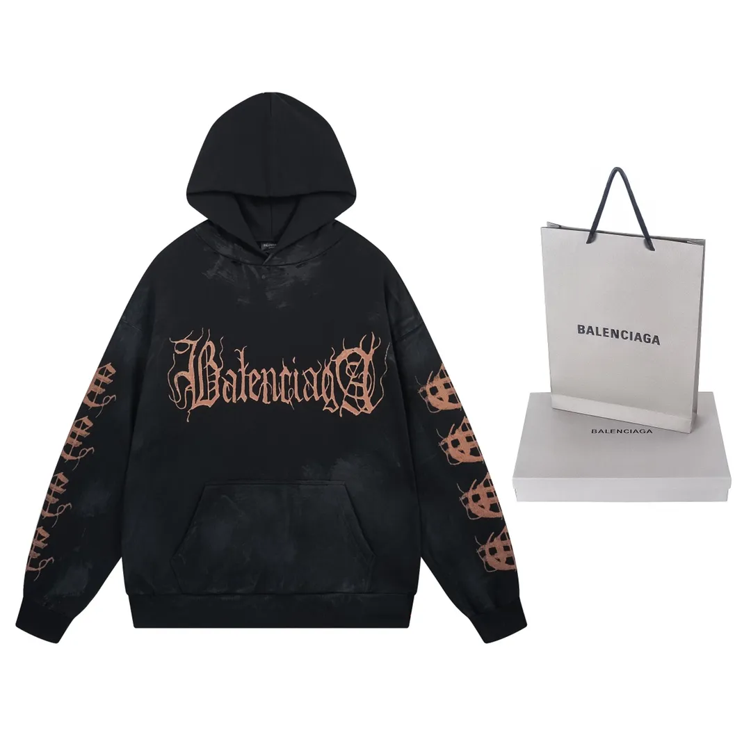 🅿️340 detailed pictures [Top version. Official website quality] BALENCI*GA/Paris. 2024 latest Sanskrit letter LOGO hand-painted graffiti washed and worn hooded sweatshirt. Brick cabinet synchronization. ⚠️Difference in market currency. YB development. Worn. Hand-painted consistent with ZP,‼ ️The fabric is made of Paris ZP custom-woven and dyed cotton terry sweatshirt. The weight is 450 grams. The cloth surface is clean. The cloth pattern is clear, soft and comfortable. The threads are dyed with no color difference. The printing process is extremely complex, and the garments are hand-painted, worn, and distressed, and the process is extremely heavy. Comparisons welcome. The version adopts OS loose shoulder design. Same style for men and women. Code: BL238007 Color: black blue Size: XS S M L