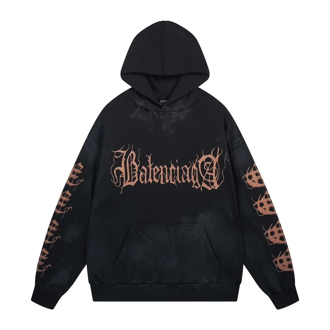 🅿️340 detailed pictures [Top version. Official website quality] BALENCI*GA/Paris. 2024 latest Sanskrit letter LOGO hand-painted graffiti washed and worn hooded sweatshirt. Brick cabinet synchronization. ⚠️Difference in market currency. YB development. Worn. Hand-painted consistent with ZP,‼ ️The fabric is made of Paris ZP custom-woven and dyed cotton terry sweatshirt. The weight is 450 grams. The cloth surface is clean. The cloth pattern is clear, soft and comfortable. The threads are dyed with no color difference. The printing process is extremely complex, and the garments are hand-painted, worn, and distressed, and the process is extremely heavy. Comparisons welcome. The version adopts OS loose shoulder design. Same style for men and women. Code: BL238007 Color: black blue Size: XS S M L