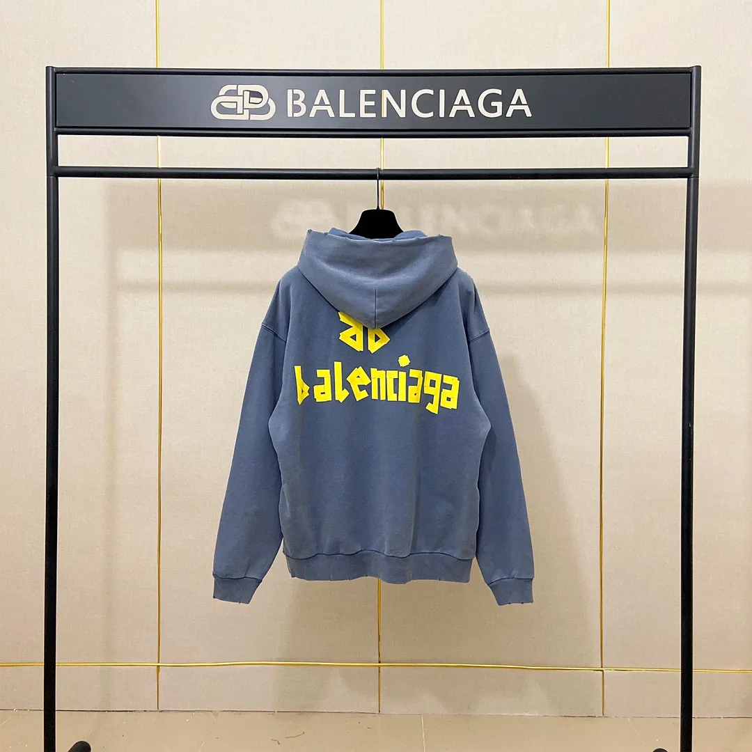 🅿️330 7153# Actual pictures Top version [BALENCIA*GA] Official website quality Paris's new yellow tape series hooded sweatshirt OS version Loose dropped shoulders Unisex style Fabric: 480g 100% cotton terry sweatshirt Technology: Front and back digital direct printing Garment wash Worn Old Shape Solid color Color: Washed black Gray blue Washed blue Size: XS S M L