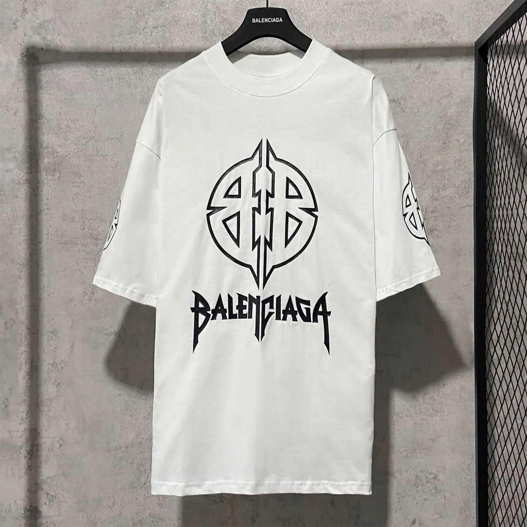 🅿️160 103# Actual pictures Top version [[BALENCIA*GA] Official website quality Paris new classic letter LOGO printed short-sleeved T-shirt OS version Loose dropped shoulders Unisex style Fabric: 260g 100% cotton double yarn Technology: Front and rear left and right sleeve printing Garment wash Shaping Solid color Color: Gray blue White Size: XS S M L