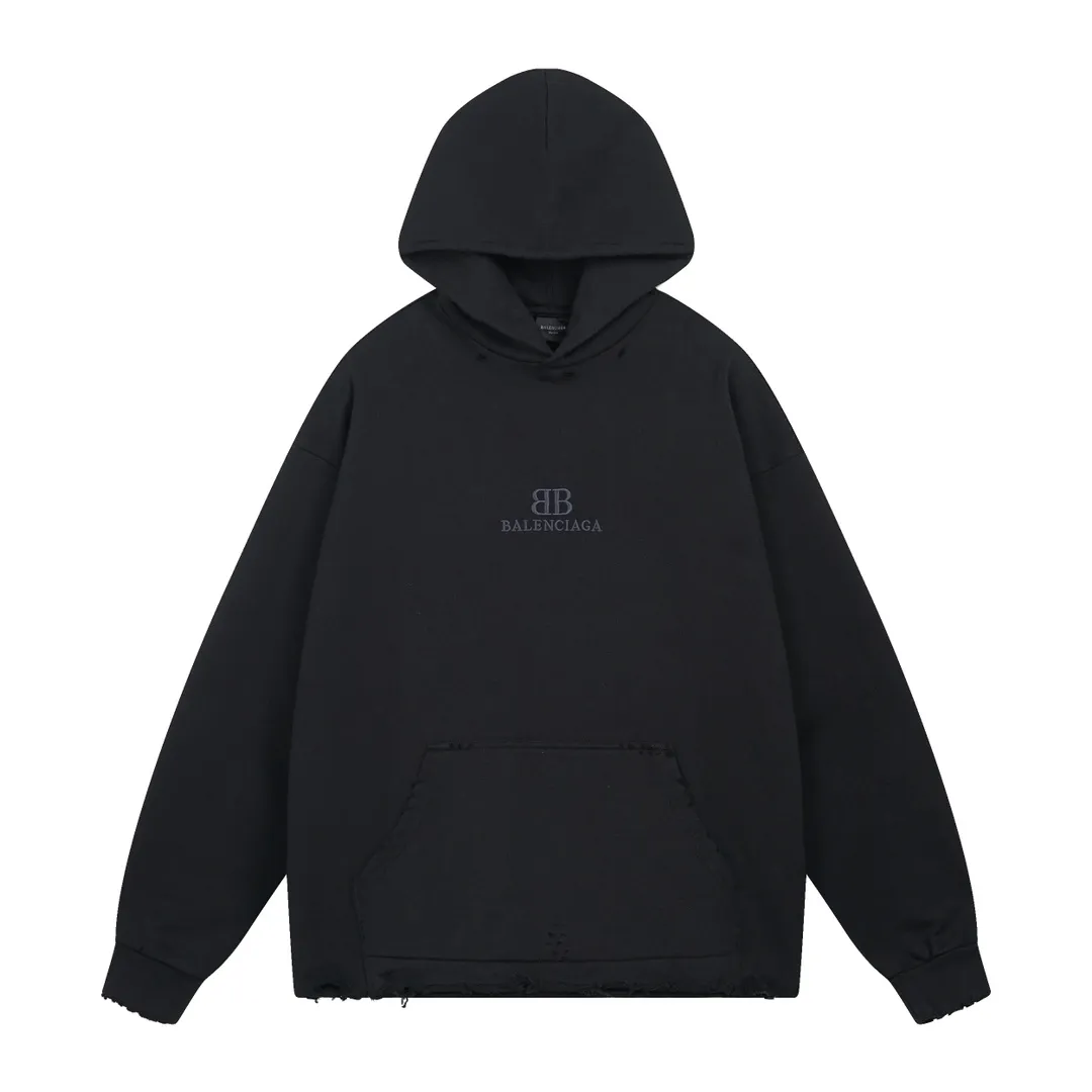 🅿️350 real photos [Top version. Official website quality] BALENCI*GA/Paris BALENCI*GA# New model, classic LOGO embroidery, washed, frayed and damaged hem, greatly distressed hooded sweatshirt. Brick cabinet synchronization. The worn and worn ZP is the same, welcome to compare. The fabric is made of Paris ZP custom-woven and dyed cotton terry Davidson. The weight is 460 grams. The cloth surface is clean. The cloth pattern is clear. Soft and comfortable. The color fastness is good. It is not easy to change color. The threads are woven and dyed with no color difference. The embroidery uses a Tajima embroidery machine, the letters are three-dimensional, the garment is washed and worn, and the hem is worn and worn in all directions, extra heavy craftsmanship. Comparisons welcome. Restore brick cabinet. The version adopts OS loose shoulder style. Same style for men and women. Code: BL238951 Color: Black Size: XS S M L