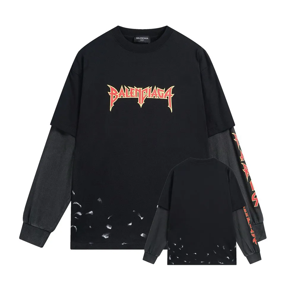 🅿️260 -BALENCI*GA Paris Lightning letter style long sleeves. The fabric is made of Paris custom-woven and dyed double-yarn pure cotton fabric. The weight is 280g. The thread is custom-woven and dyed without color difference. The front and back are cracked on the left and right sleeves. The hem is manually hand-painted. The cuffs are spliced. Two high-temperature shaping washes. os dropped shoulders are loose and the same style for men and women -Color: black white -SIZE: XS S M L Style number 8618#