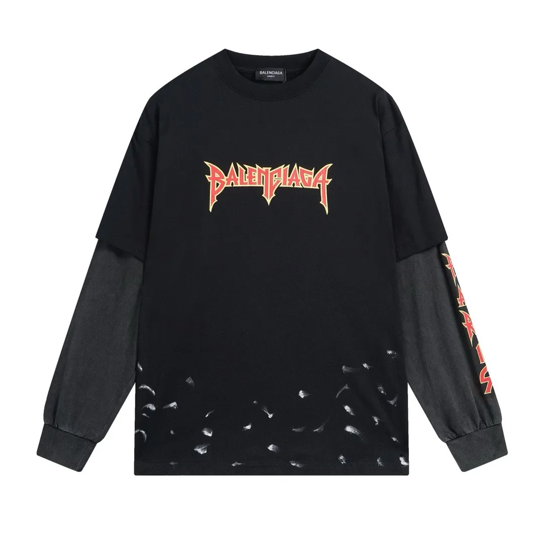 🅿️260 -BALENCI*GA Paris Lightning letter style long sleeves. The fabric is made of Paris custom-woven and dyed double-yarn pure cotton fabric. The weight is 280g. The thread is custom-woven and dyed without color difference. The front and back are cracked on the left and right sleeves. The hem is manually hand-painted. The cuffs are spliced. Two high-temperature shaping washes. os dropped shoulders are loose and the same style for men and women -Color: black white -SIZE: XS S M L Style number 8618#