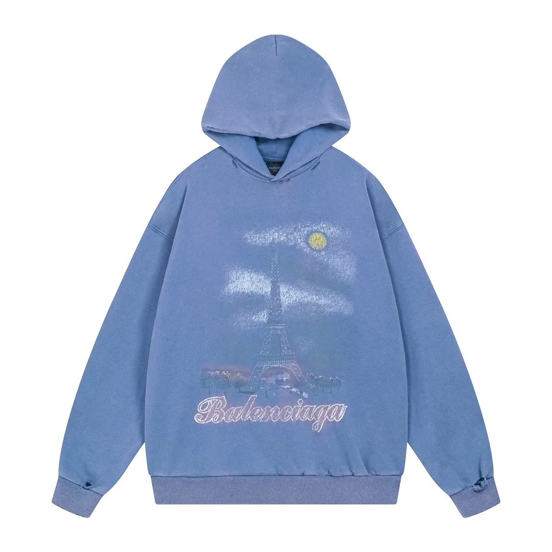 🅿️370 real photos [Top version. Official website quality] BALENCI*GA/Paris. 2024 latest autumn and winter Paris Eiffel Tower direct-injection white ink gradient color printing washed and worn hooded sweatshirt. Overweight craftsmanship, brick cabinet synchronization. ⚠️Distinguish the market currency, genuine product development, welcome to compare! The weight is 460 grams, ground. The hand-painted is consistent with ZP, and the printing uses Kornit digital direct printing. The garments are washed and worn. The whole piece is designed with extra heavy craftsmanship. Comparisons welcome. The version adopts OS loose shoulder design. Same style for men and women. Code: BL238919 Color: pink, washed blue Size: XS. S. M. L