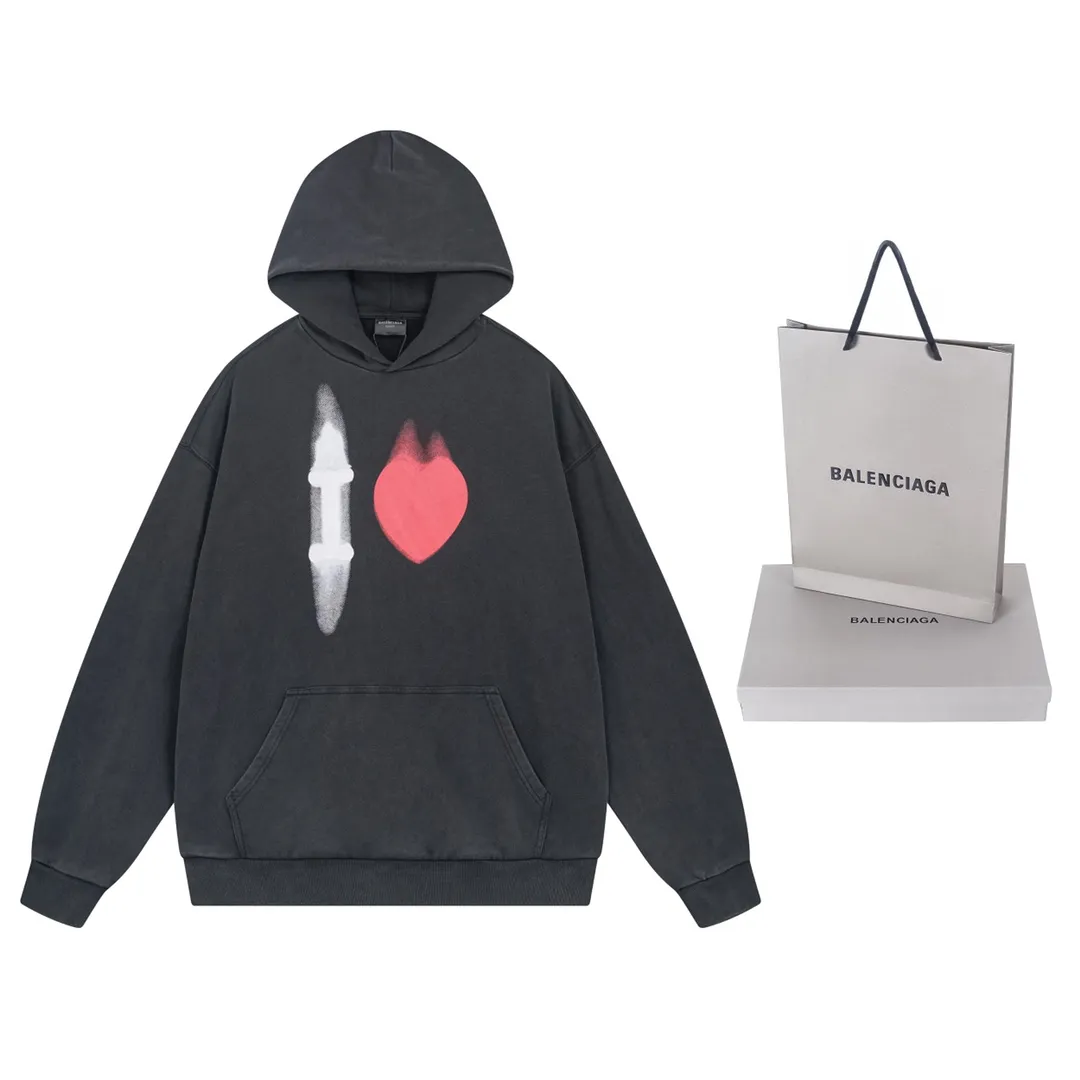 🅿️310 Detailed picture [Top version. Official website quality] BALENCI*GA/Paris BALENCI*GA#Valentine's Day. Limited to the latest model, 520 love printed ribbed embroidery LOGO hooded sweatshirt on the back. Brick cabinet synchronization. The fabric is made of Paris ZP custom-woven and dyed cotton double yarn large sweatshirt. The weight is 450 grams, the cloth surface is clean. The cloth texture is clear. Soft and comfortable. The color fastness is good. It is not easy to change color. The threads are woven and dyed with no color difference. The printing is done by computer direct printing, with ribbed embroidery on the back for a three-dimensional effect. The version adopts OS loose shoulder style. Same style for men and women. Code: BL238028 Color: washed black, off-white. Size: XS S M L