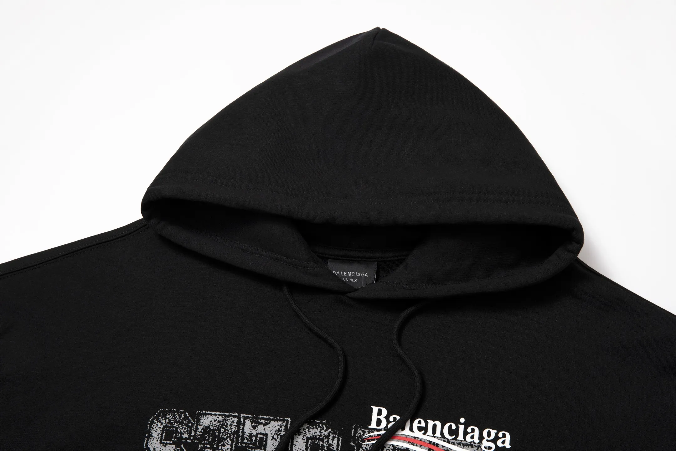 🅿️300 7206# Detailed picture Top version [[BALENCIA*GA] Official website quality Paris new Balenciaxx art multi-branded hooded sweatshirt OS version Loose dropped shoulders Unisex style Fabric: 480g 100% cotton terry Davidson Technique: Front and back panels left and right sleeve printing Garment wash Shape solid color Color: Black White Size: XS S M L