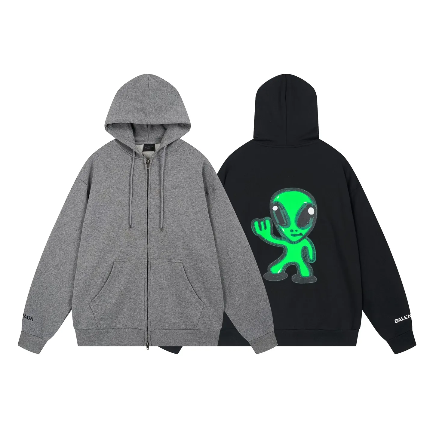 🅿️390 real photos [Top version. Official website quality] BALENCI*GA/25 new model. The front of the alien is directly printed with hithg there+dripley art work + luminous effect. The alien is printed on the front and the smiley face is printed on the back. The right sleeve is embroidered with letters LOGO. Zipper cardigan hooded sweatshirt SS25 latest model. Research and development at the first time, different market currencies. Comparisons welcome. The fabric is made of Paris ZP custom-woven and dyed cotton sweatshirt, with a weight of 2460 grams. The cloth surface is clean. The cloth pattern is clear, soft and comfortable. The threads are dyed with no color difference. The printing uses computer direct printing + luminous effect. Jubie market currency. Welcome to compare. The version adopts OS loose shoulder design. Same style for men and women. Code: BL259906 Color: off-white, black, floral gray Size: XS S M L
