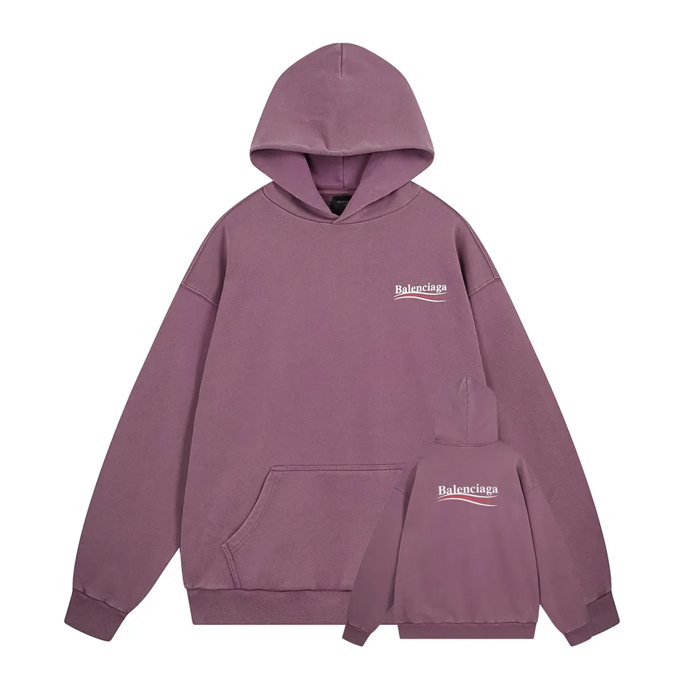 🅿️370 - BALENCI*GA Paris classic cola print split hooded long-sleeved sweatshirt. The front pattern is made of environmentally friendly imported rubber paddle split printing. The ready-made garments are sprayed with horse wash to make them old. The letters are clear. The effect is three-dimensional. Exclusively pattern-woven and dyed 460g fabric. Threads are dyed in the same vat with zero color difference. Brick cabinet synchronization. Welcome to compare. Same style for men and women -Color: washed purple -SIZE: Xs S M L Style number 8968#