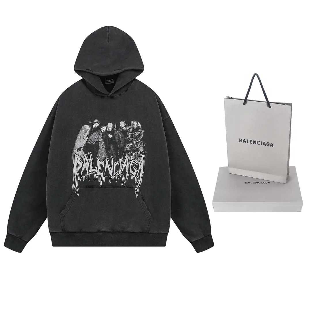 🅿️320 real photos [Top version. Official website quality] BALENCI*GA/Paris. 53rd season Balenciaga New. Vintage high-end limited edition joint hooded sweatshirt. The pattern on the front is damaged by the direct-injection printing. The ready-made garments are washed and worn. SS24 new model. Brick cabinet synchronization. Genuine product developed at the first time, please print and compare! The fabric is made of Paris ZP custom-woven and dyed cotton sweatshirt. Weighing 460 grams, the cloth surface is clean. The cloth pattern is clear, soft and comfortable. The threads are dyed with no color difference. The printing uses environmentally friendly imported materials and self-inking direct injection. The pattern letters are clear and the effect is three-dimensional. The entire garment is washed, distressed and worn. The version adopts OS loose shoulder design. Same style for men and women. Code: BL238935 Color: washed black Size: XS S M L