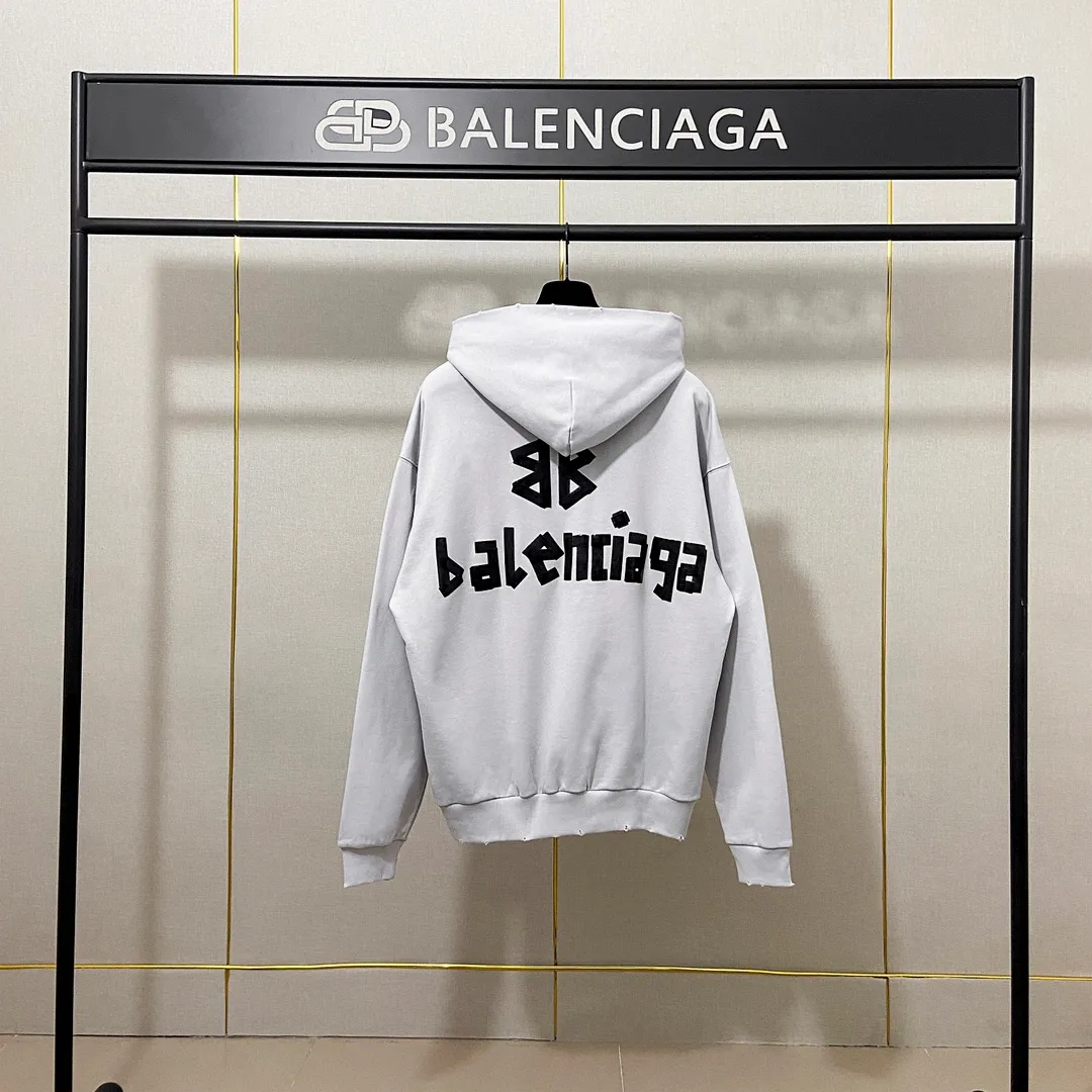 🅿️310 7110# Real photos Top version [BALENCIA*GA] Official website quality Paris new tape series hooded sweatshirt OS version Loose dropped shoulders Uniform style for men and women Fabric: 480g 100% cotton terry sweater Technology: Front and back printing Garment wash Worn Distressed Fixed color Color: black blue off-white Size: XS S M L