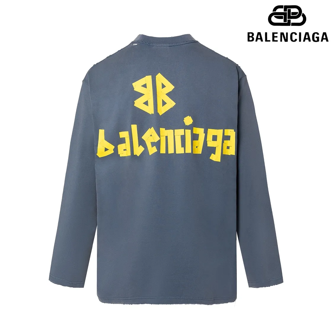 🅿️200 8110# Detailed picture Top version [[BALENCIA*GA] Official website quality Paris new classic yellow tape digital direct spray long-sleeved T-shirt OS version Loose dropped shoulders Unisex style Fabric: 280 grams 100% cotton double yarn (three washing processes) Process: Front and rear digital direct spray Garment wash Frayed Distressed Shape solid color Color: gray blue black white wash blue Burgundy Green Size: XS S M L