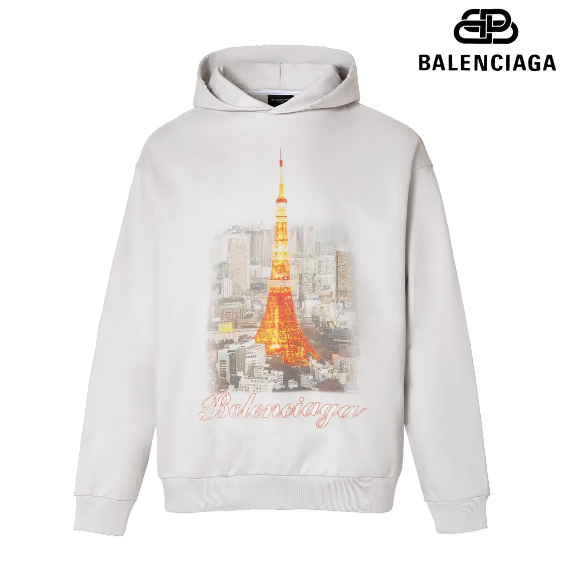 🅿️310 7156# Detailed picture Top version [[BALENCIA*GA] official website quality Paris new Japan Tokyo Tower series hooded sweatshirt OS version Loose dropped shoulders Unisex style Fabric: 480g 100% cotton terry David sweater Technology: Front and back digital printing Garment wash Distressed Distressed Shape solid color Color: black blue off-white Size: XS S M L
