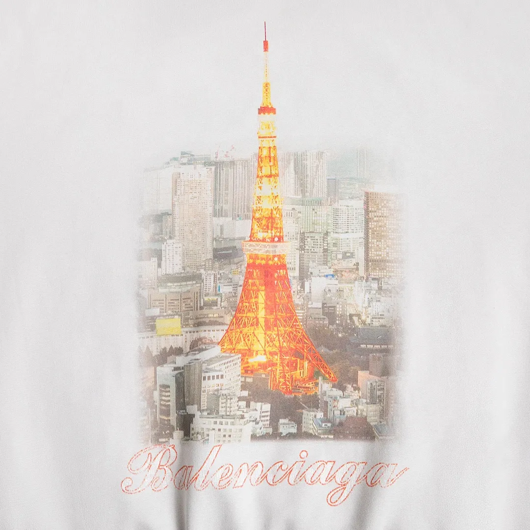 🅿️310 7156# Detailed picture Top version [[BALENCIA*GA] official website quality Paris new Japan Tokyo Tower series hooded sweatshirt OS version Loose dropped shoulders Unisex style Fabric: 480g 100% cotton terry David sweater Technology: Front and back digital printing Garment wash Distressed Distressed Shape solid color Color: black blue off-white Size: XS S M L