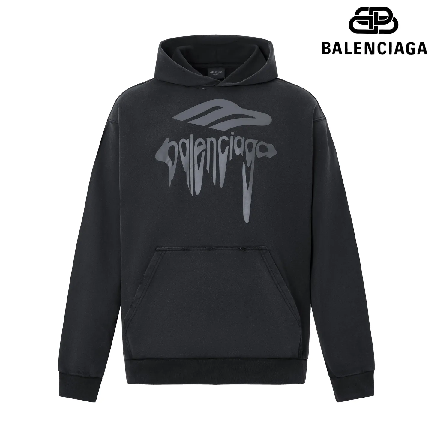🅿️300 7186# Detailed picture Top version [[BALENCIA*GA] official website quality Paris new 3M artistic letter printed hooded sweatshirt OS version loose dropped shoulders Unisex style Fabric: 480g 100% cotton terry David sweater (garment wash) Process: front panel printing garment wash distressed worn shaping solid color Color: washed black off-white Size: XS S M L