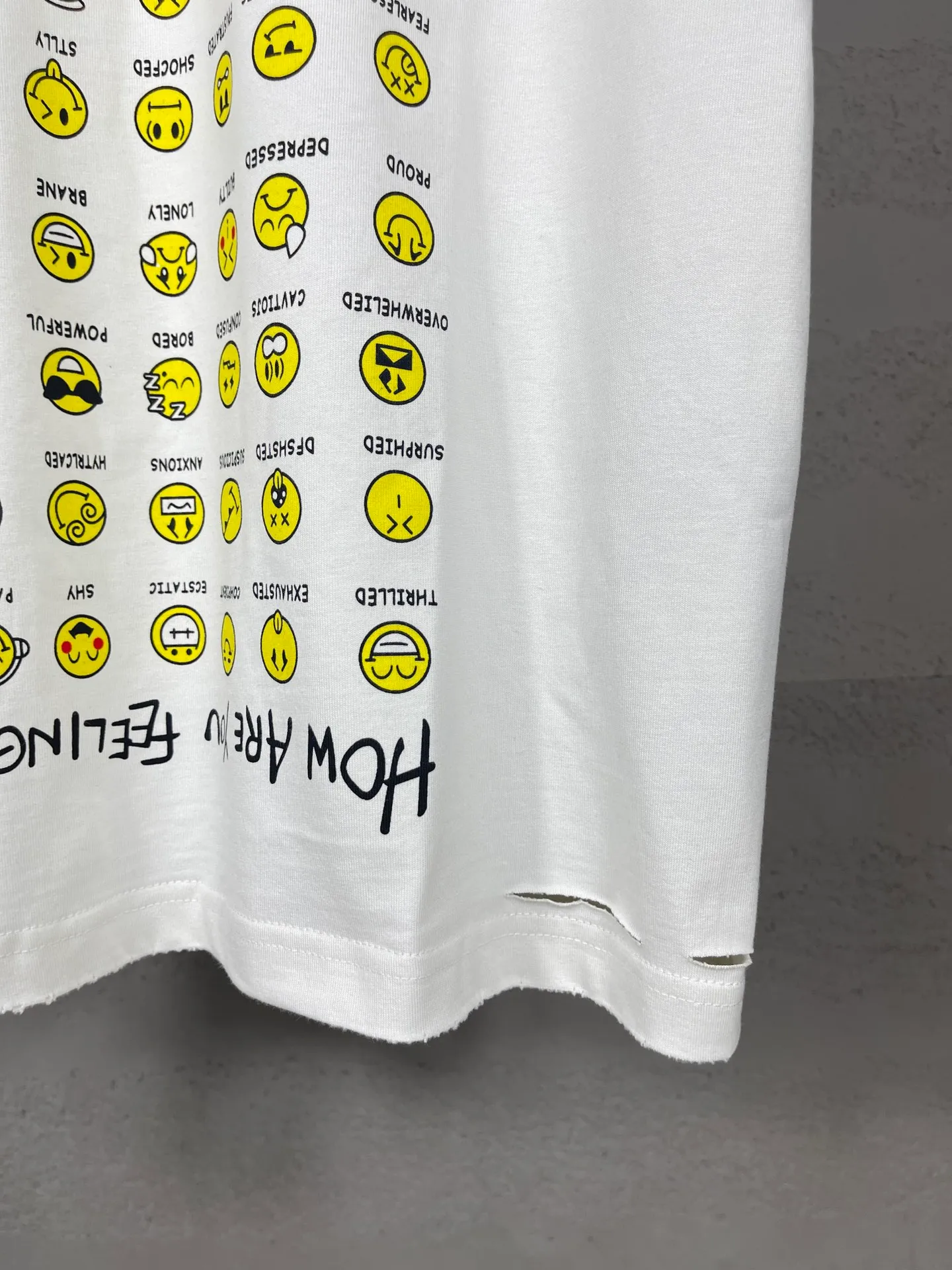 🅿️190 real photos [Top version. Official website quality] BALENCI*GA/Paris. SS25 latest smiley face collection printed washed, distressed and worn short-sleeved T-shirt. Ready-to-wear, many distressed and worn. Brick cabinets are synchronized. Genuine products are developed at the first time, and you can print and compare! The fabric is made of Paris ZP custom-woven and dyed cotton double yarn. Weighing 260 grams, the cloth surface is clean. The cloth pattern is clear, soft and comfortable. The threads are dyed with no color difference. The printing is made of environmentally friendly imported materials. The letters are clear and the effect is three-dimensional. The version adopts OS loose shoulder design. Same style for men and women. Code: BL223610 Color: black, off-white Size: XS S M L