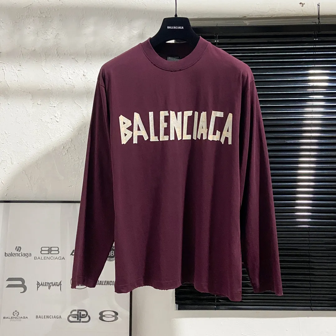 🅿️200 8110# real shot top version [[BALENCIA*GA] official website quality Paris new yellow tape digital direct spray long-sleeved T-shirt OS version loose dropped shoulders Unisex fabric: 260g 100% cotton double yarn Process: front and rear digital direct spray Garment wash worn distressed fixed color Color: gray blue black white washed blue wine red green Size: XS S M L