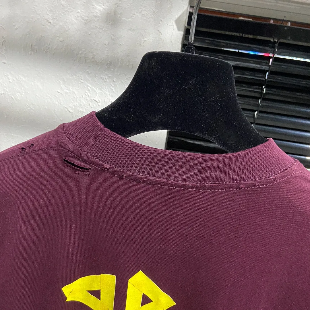 🅿️200 8110# real shot top version [[BALENCIA*GA] official website quality Paris new yellow tape digital direct spray long-sleeved T-shirt OS version loose dropped shoulders Unisex fabric: 260g 100% cotton double yarn Process: front and rear digital direct spray Garment wash worn distressed fixed color Color: gray blue black white washed blue wine red green Size: XS S M L