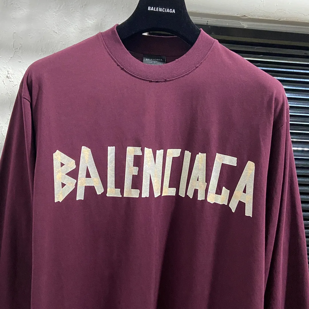 🅿️200 8110# real shot top version [[BALENCIA*GA] official website quality Paris new yellow tape digital direct spray long-sleeved T-shirt OS version loose dropped shoulders Unisex fabric: 260g 100% cotton double yarn Process: front and rear digital direct spray Garment wash worn distressed fixed color Color: gray blue black white washed blue wine red green Size: XS S M L
