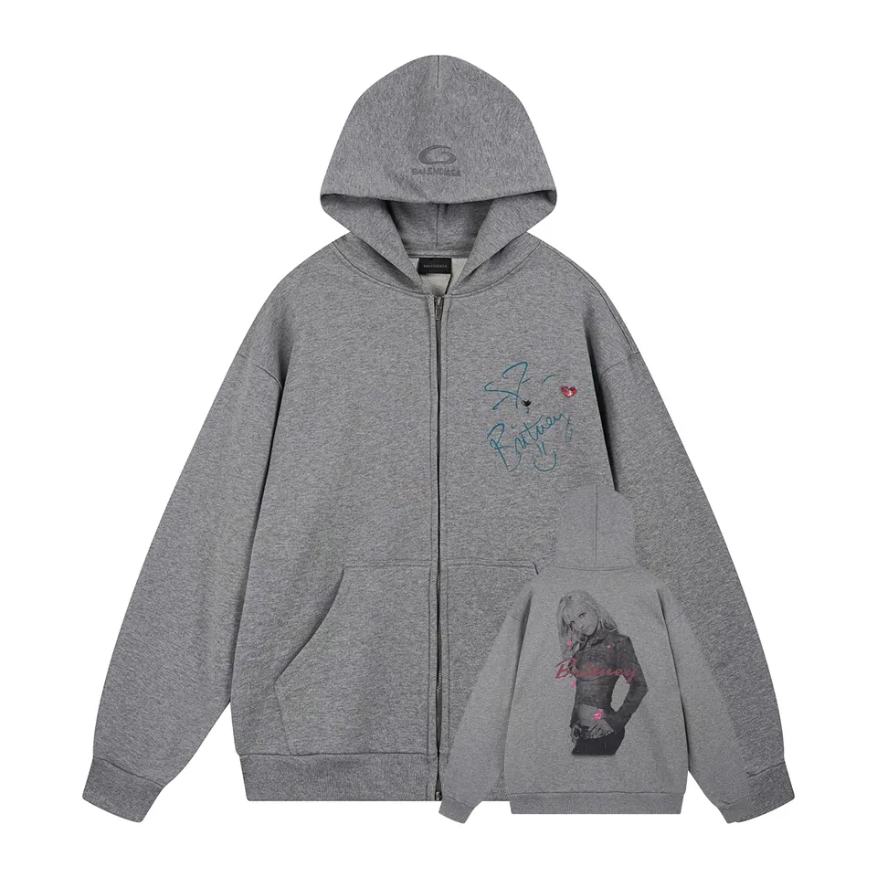 🅿️420 BALENCI*GA Paris Music | Britney Series limited edition music series hooded zipper sweatshirt. The embroidery on the hood is finely embroidered by an imported Tajima embroidery machine. The front and back panels are made of Conley direct injection. Customized matching hardware. The letters are clear. The effect is three-dimensional. Exclusively pattern-woven and dyed 460g fabric. Threads are dyed in the same cylinder with zero color difference. Brick cabinet synchronization. Welcome to compare. Same style for men and women -Color: Gray -SIZE: Xs S M L style number 8982#