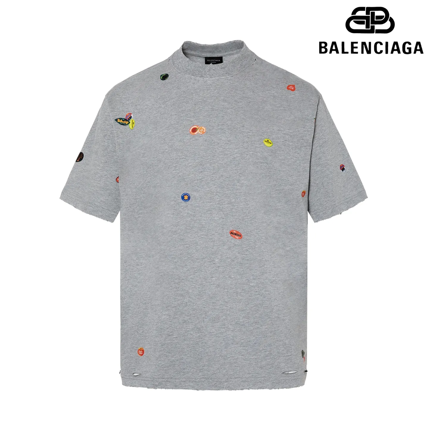 🅿️200 9191# Detailed picture Top version [[BALENCIA*GA] official website quality Paris new co-branded Vintage fruit pattern printed short-sleeved T-shirt OS version Loose dropped shoulders Unisex style Fabric: 260g 100% cotton double yarn Craftsmanship: front and back panels, left and right sleeves heat transfer, garment wash, distressed, distressed, fixed color Color: floral gray pink Size: XS S M L