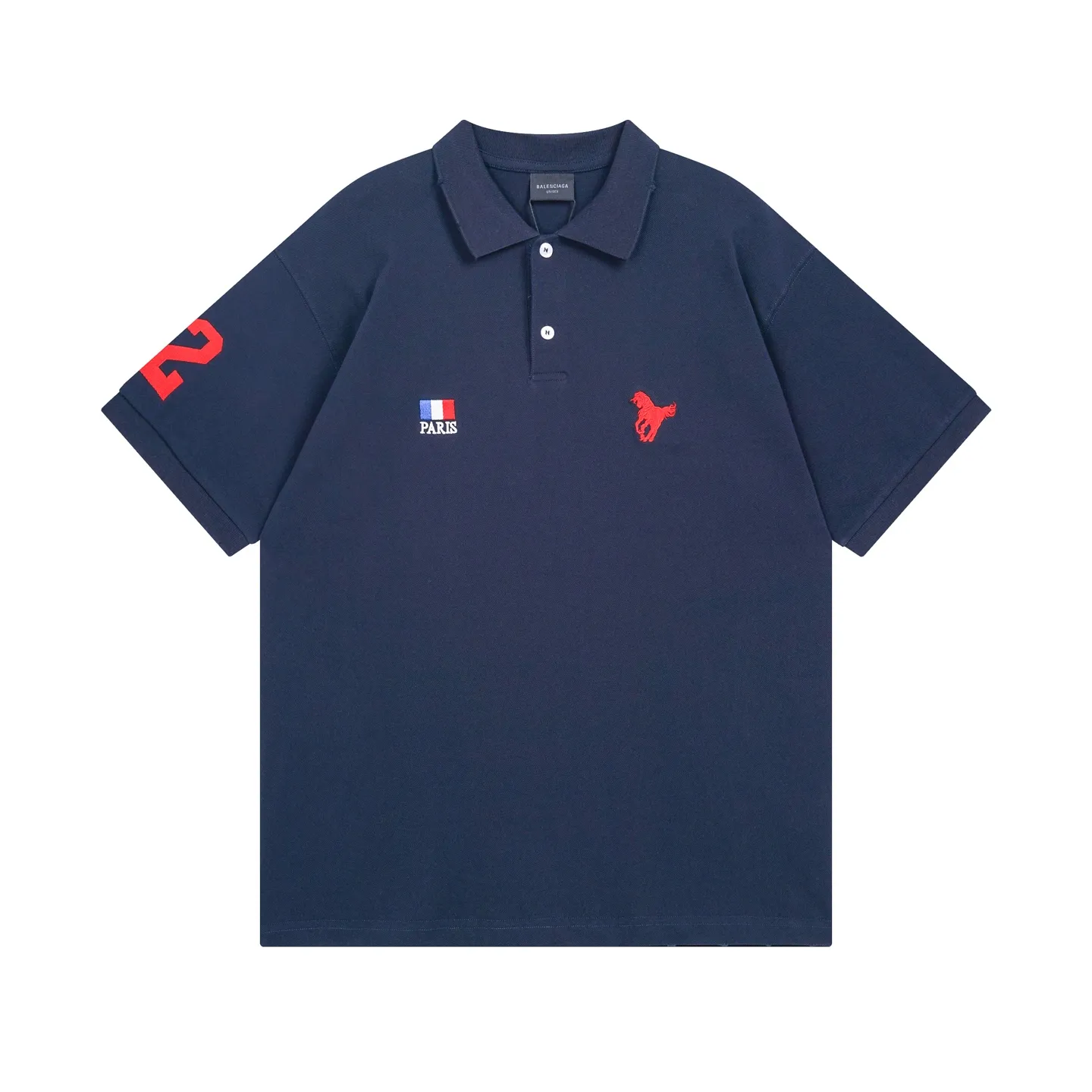 🅿️240 real photos [Top version. Official website quality] BALENCI*GA/Paris #2025 war horse embroidery frayed old POLO shirt, washed and worn, full of design. Welcome to compare. The fabric is made of Paris ZP custom-woven and dyed cotton pique, with a weight of 260 grams. The cloth surface is clean. The cloth pattern is clear, soft and comfortable. The threads are woven and dyed with no color difference. The embroidered LOGO is embroidered using imported Tajima embroidery machine. The effect is three-dimensional. Restore the brick cabinet, adopt the OS loose shoulder style. Same style for men and women. Code: BL252210 Color: royal blue Size: XS S M L