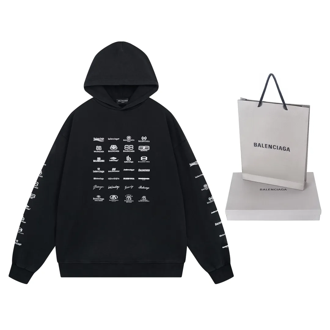 🅿️300 Detailed picture [Top version. Official website quality] BALENCI*GA/Paris BALENCI*GA#2023 spring and summer new style, long-sleeved sweatshirt with classic LOGO printed all over it. 2023 autumn and winter new product. Brick cabinet synchronization. The fabric is made of Paris ZP custom-woven and dyed cotton double yarn sweatshirt. The weight is 450 grams, the cloth surface is clean. The cloth texture is clear. Soft and comfortable. Good color fastness. Not easy to change color. The threads are woven and dyed with no color difference. The printing uses imported environmentally friendly rubber paddles, precision stencils, fine LOGO letters, clear letters, no burrs, and a three-dimensional effect. Restore brick cabinet. The version adopts OS loose shoulder style. Same style for men and women. Code: BL238002 Color: black, beige, pink, smoke gray. Size: XS S M L