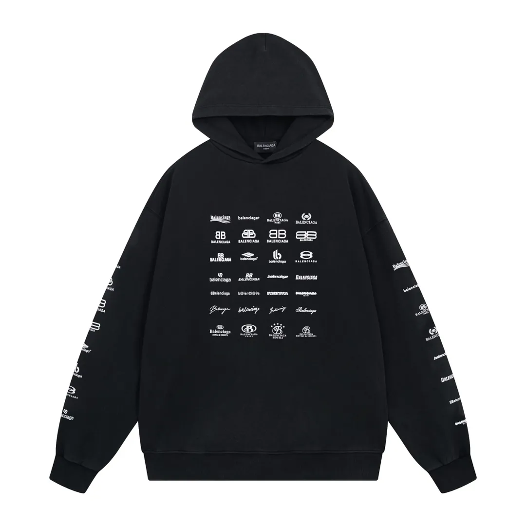 🅿️300 Detailed picture [Top version. Official website quality] BALENCI*GA/Paris BALENCI*GA#2023 spring and summer new style, long-sleeved sweatshirt with classic LOGO printed all over it. 2023 autumn and winter new product. Brick cabinet synchronization. The fabric is made of Paris ZP custom-woven and dyed cotton double yarn sweatshirt. The weight is 450 grams, the cloth surface is clean. The cloth texture is clear. Soft and comfortable. Good color fastness. Not easy to change color. The threads are woven and dyed with no color difference. The printing uses imported environmentally friendly rubber paddles, precision stencils, fine LOGO letters, clear letters, no burrs, and a three-dimensional effect. Restore brick cabinet. The version adopts OS loose shoulder style. Same style for men and women. Code: BL238002 Color: black, beige, pink, smoke gray. Size: XS S M L
