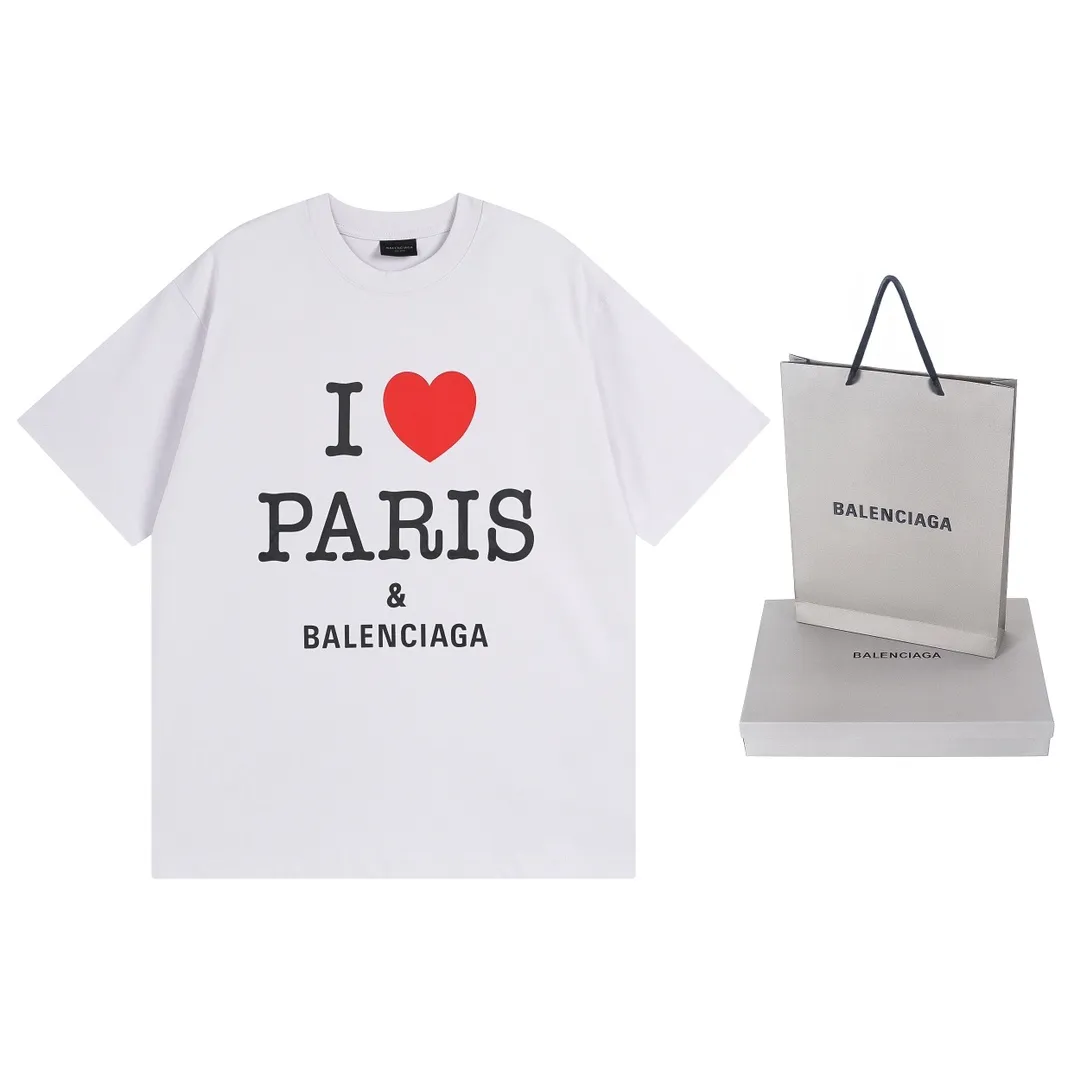 🅿️180 real photos [Top version. Official website quality] BALENCI*GA/Paris.SS24 latest model, front I Love Paris & Balenciaxx art printed short-sleeved T-shirt. Brick cabinet synchronization. Genuine product developed in the first time, happy to print and compare! The fabric is made of Paris ZP custom-woven and dyed cotton double yarn. Weighing 260 grams, the cloth surface is clean. The cloth pattern is clear, soft and comfortable. The threads are dyed with no color difference. The printing uses environmentally friendly imported materials. The letters are clear and the effect is three-dimensional. The version adopts OS loose shoulder design. Same style for men and women. Code: BL223395 Color: off-white, black, floral gray Size: XS S M L
