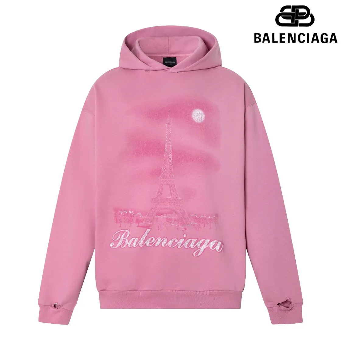 🅿️340 Detailed picture Top version [BALENCIA*GA] Official website quality Paris' new Paris Eiffel Tower series hooded sweatshirt OS version Loose dropped shoulders Unisex style Fabric: 480g 100% cotton terry David sweater Technology: Front white ink direct spray Garment wash Frayed Distressed Fixed color Color: Washed blue Pink Size: XS S M L