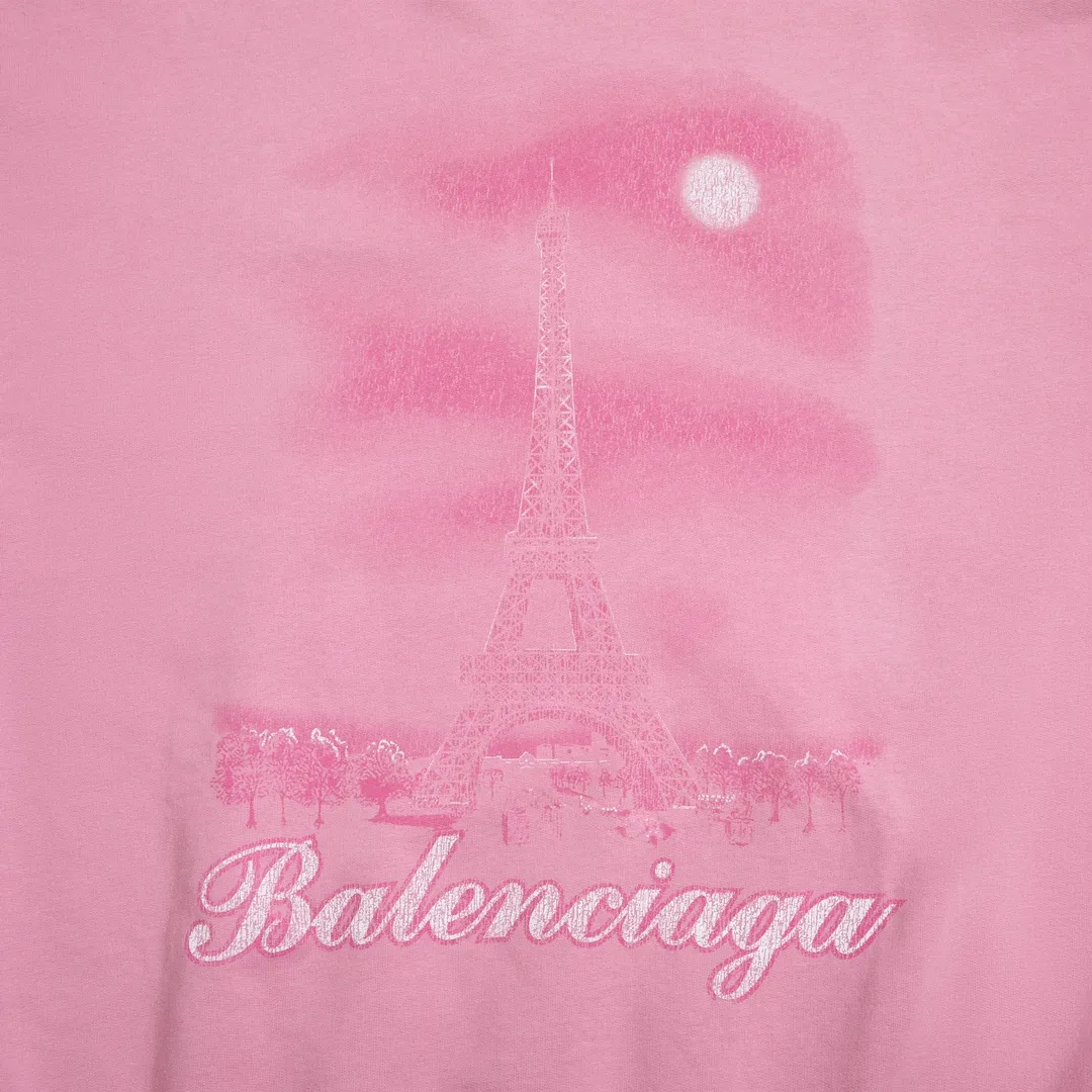 🅿️340 Detailed picture Top version [BALENCIA*GA] Official website quality Paris' new Paris Eiffel Tower series hooded sweatshirt OS version Loose dropped shoulders Unisex style Fabric: 480g 100% cotton terry David sweater Technology: Front white ink direct spray Garment wash Frayed Distressed Fixed color Color: Washed blue Pink Size: XS S M L