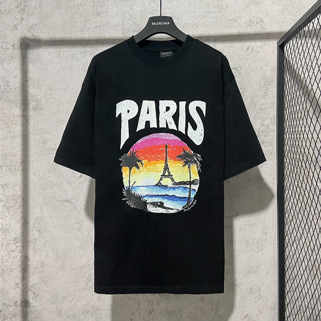 🅿️170 9125# Actual photo top version [[BALENCIA*GA] official website quality Paris New Hawaiian Sunset Coconut Tower LOGI printed short-sleeved T-shirt OS version Loose shoulder Unisex Fabric: 260g 100% cotton double yarn Process: front and rear panel printing Garment wash Shape solid color Color: black white Size: XS S M L