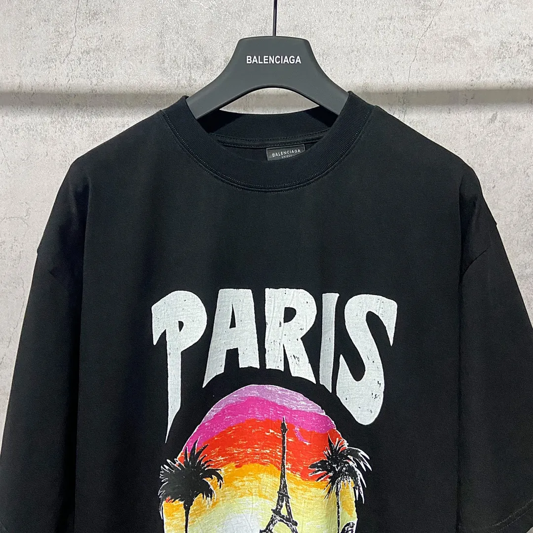 🅿️170 9125# Actual photo top version [[BALENCIA*GA] official website quality Paris New Hawaiian Sunset Coconut Tower LOGI printed short-sleeved T-shirt OS version Loose shoulder Unisex Fabric: 260g 100% cotton double yarn Process: front and rear panel printing Garment wash Shape solid color Color: black white Size: XS S M L