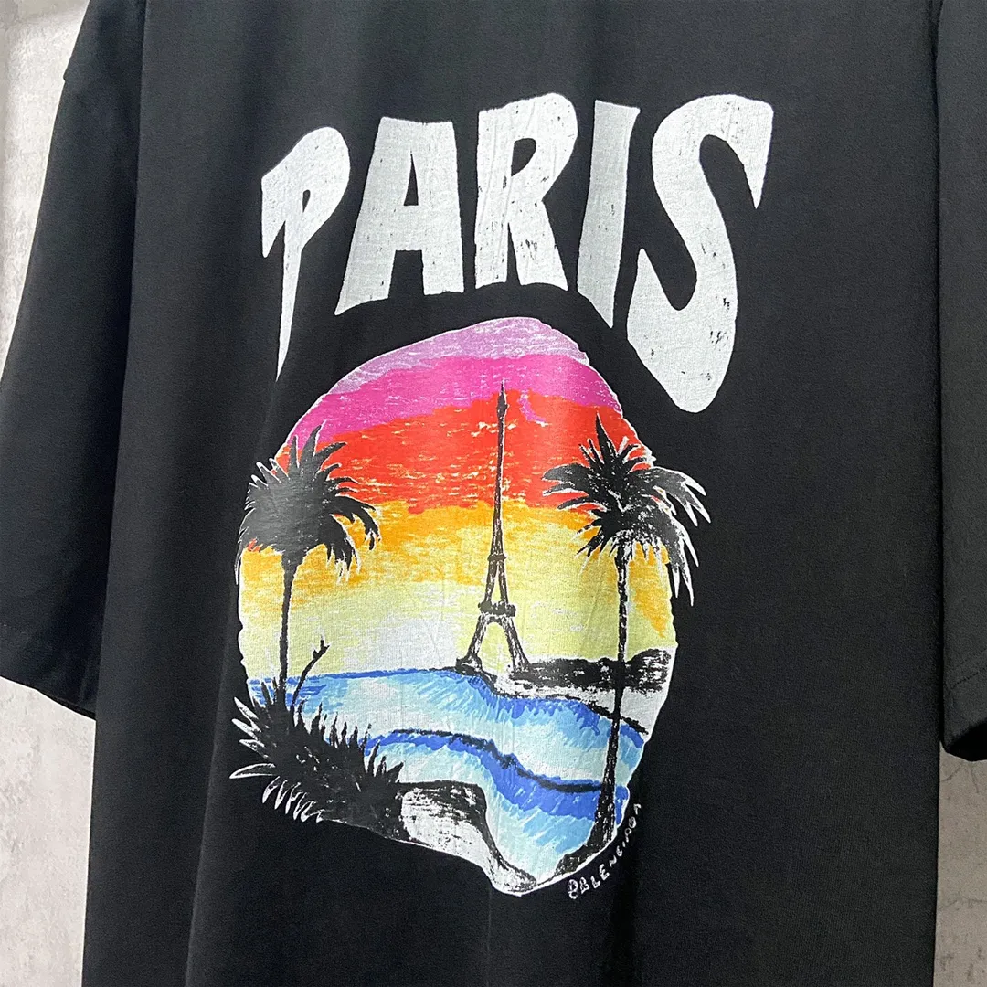 🅿️170 9125# Actual photo top version [[BALENCIA*GA] official website quality Paris New Hawaiian Sunset Coconut Tower LOGI printed short-sleeved T-shirt OS version Loose shoulder Unisex Fabric: 260g 100% cotton double yarn Process: front and rear panel printing Garment wash Shape solid color Color: black white Size: XS S M L