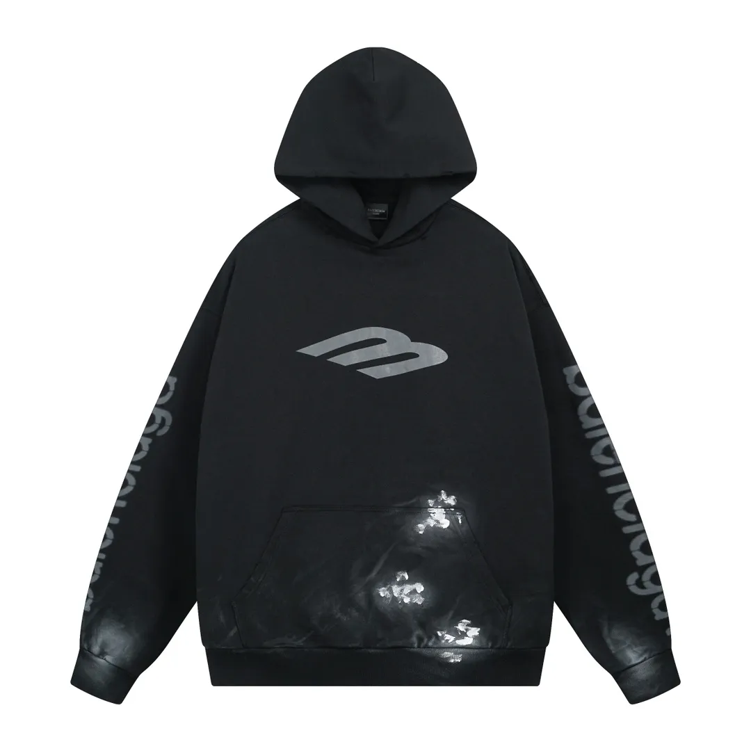 🅿️340 real photos [Top version. Official website quality] BALENCI*GA/Paris. 2024 latest front 3B mud hand-painted washed and distressed hooded sweatshirt. Brick cabinet synchronization. ⚠️Difference market currency. YB development. Worn. Hand-painted consistent with ZP. The fabric is made of Paris ZP custom-woven and dyed cotton terry sweatshirt. The weight is 460 grams, the cloth surface is clean. The cloth pattern is clear, soft and comfortable. The threads are dyed with no color difference. Ready-made garments are hand-painted, spray-painted, worn, distressed, and extra heavy-duty. Comparisons welcome. The version adopts OS loose shoulder design. Same style for men and women. Code: BL238913 Color: black blue Size: XS. S. M. L