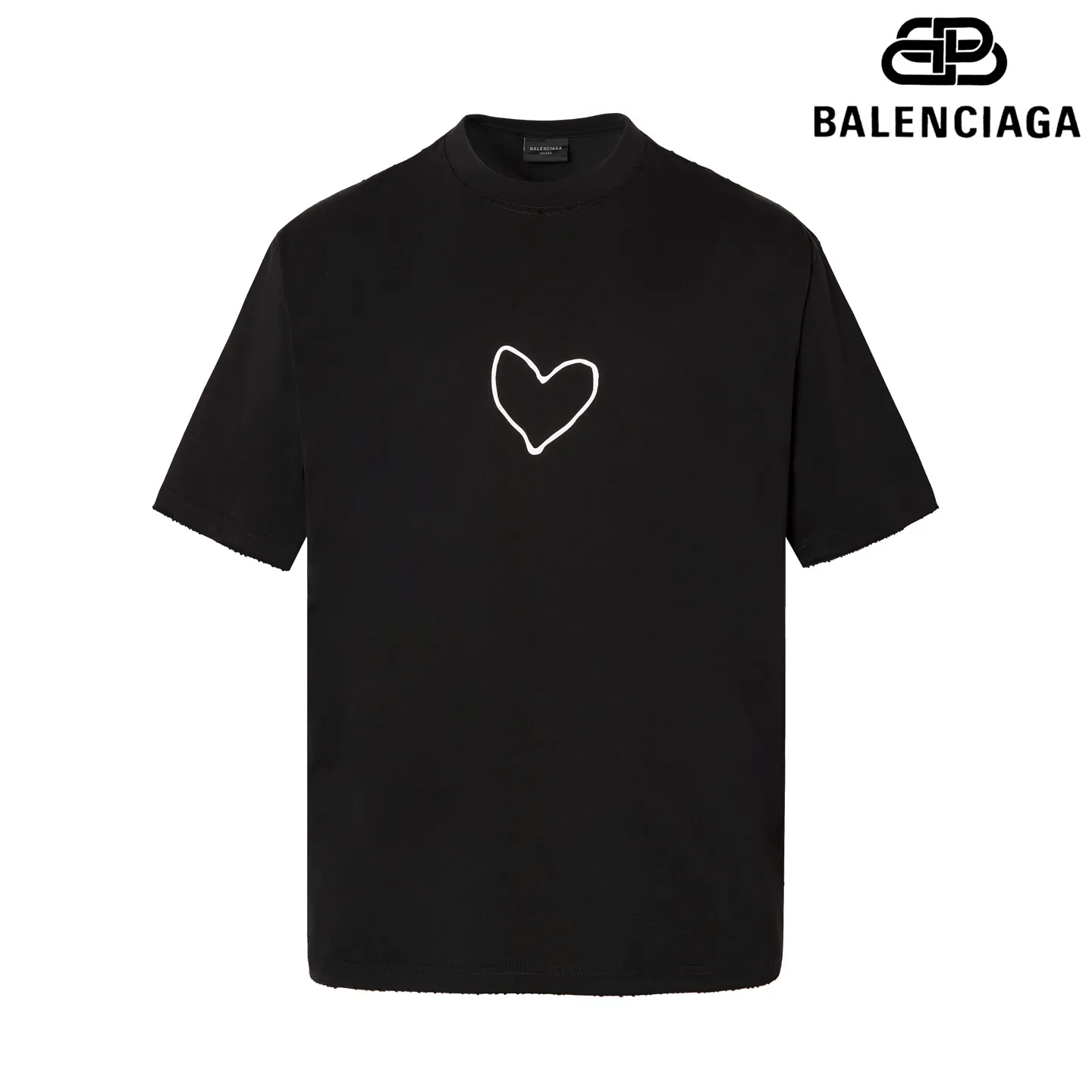 🅿️180 9159# Detailed picture Top version [[BALENCIA*GA] official website quality Paris's new Chinese Valentine's Day limited love LOGO printed short-sleeved T-shirt OS version Loose dropped shoulders Unisex style Fabric: 280 grams 100% cotton double yarn (three washing processes) Process: front and rear panel printing Garment wash Frayed Distressed Shape solid Color: Black Pink Size: XS S M L