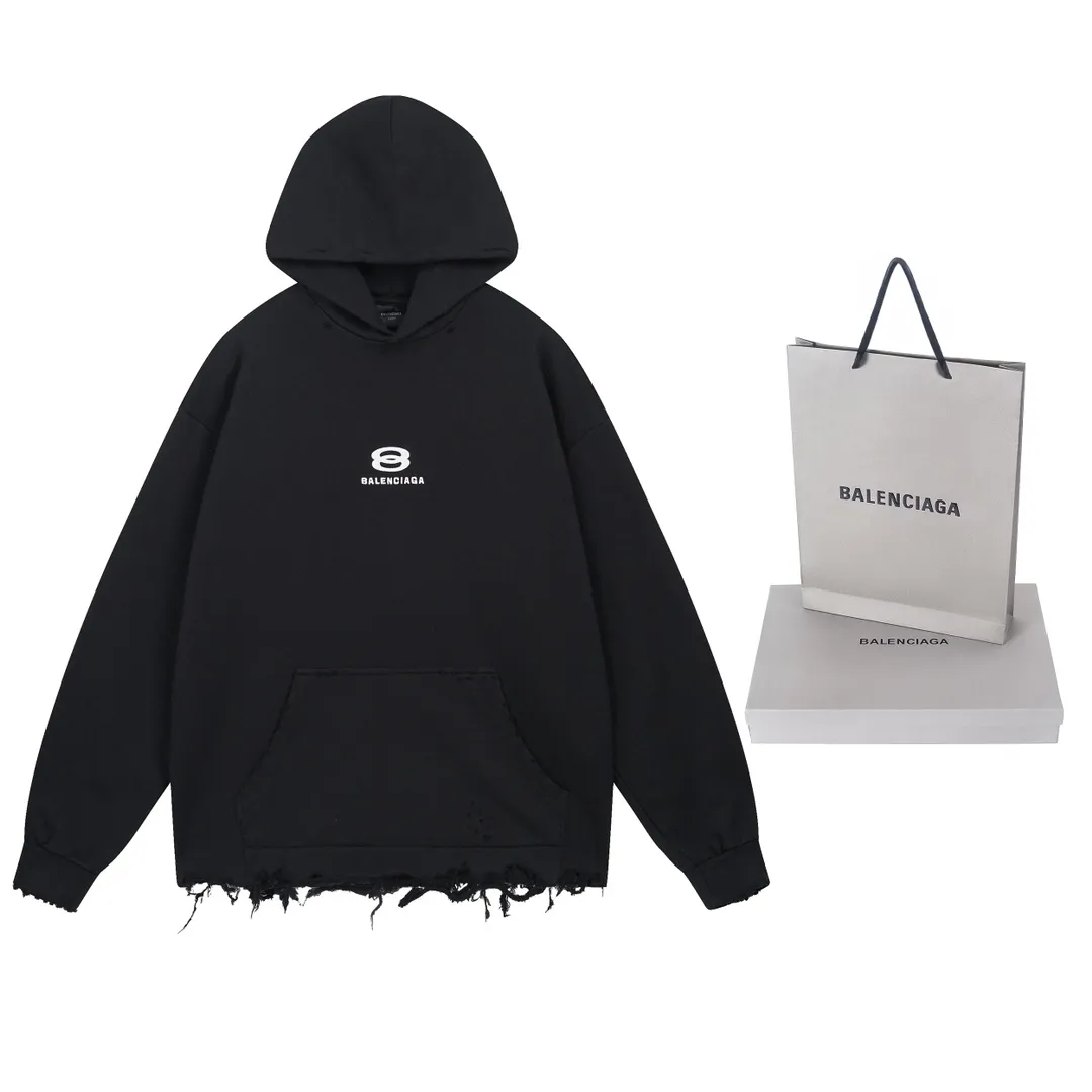 🅿️350 real photos [Top version. Official website quality] BALENCI*GA/Paris BALENCI*GA# New model, double-ring LOGO classic embroidery, water-worn and damaged distressed hooded sweatshirt. Brick cabinet synchronization. The worn and worn ZP is the same, welcome to compare. The fabric is made of Paris ZP custom-woven and dyed cotton terry Davidson. The weight is 460 grams. The cloth surface is clean. The cloth pattern is clear. Soft and comfortable. The color fastness is good. It is not easy to change color. The threads are woven and dyed with no color difference. The embroidery uses a Tajima embroidery machine, the letters are three-dimensional, and the ready-made garments are washed, worn and worn, and are extremely heavy-duty. Jubie market makes goods based on pictures. Comparisons welcome. Restore brick cabinet. The version adopts OS loose shoulder style. Same style for men and women. Code: BL238939 Color: Black Size: XS S M L