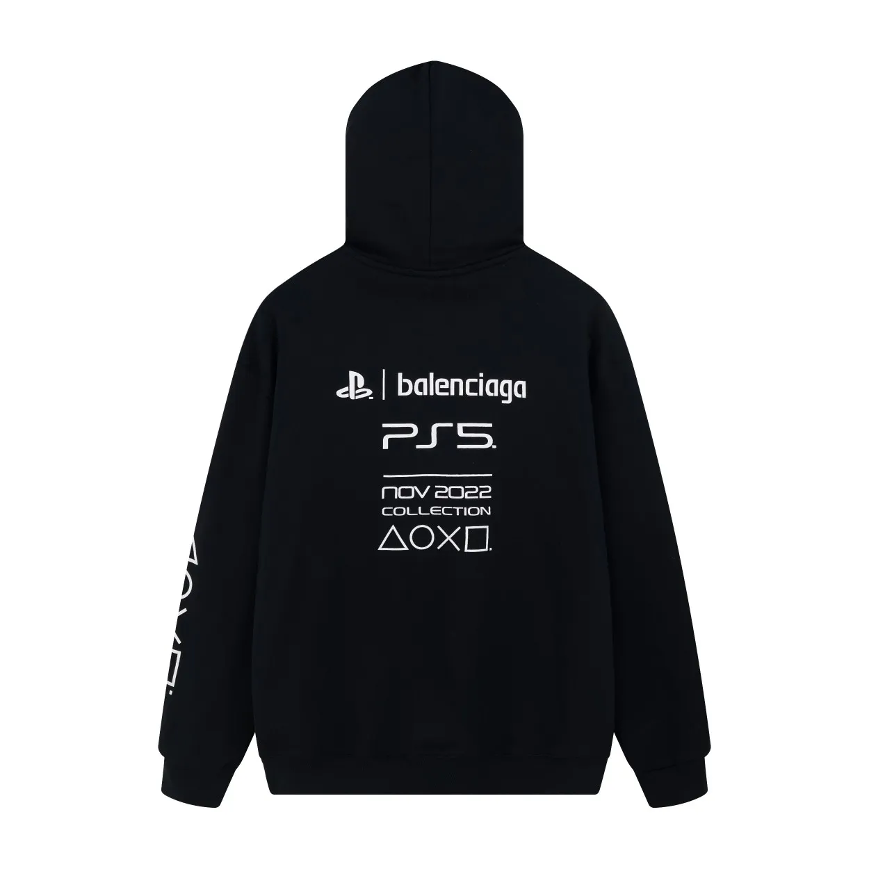 🅿️296 Detailed picture [Top version. Official website quality] BALENCI*GA/Paris. Classic model 22SS #BALENCI*GA / PlayStation co-branded. Ps5 letter geometric pattern printed hooded long-sleeved sweatshirt. Autumn and winter brick cabinet synchronization. The fabric is made of Paris ZP custom-woven and dyed 100% cotton double-yarn large sweater. The net weight is 460 grams. The cloth surface is clean. The cloth pattern is clear, soft and comfortable. The threads are woven and dyed with no color difference. The classic letter pattern is made of precision mesh. Imported environmentally friendly rubber paddle printing, the letters are clear. The effect is three-dimensional, restoring the brick cabinet, and the version adopts the OS loose shoulder style. Same style for men and women Coding: BL238085 Color: Black. White Size: XS S M L