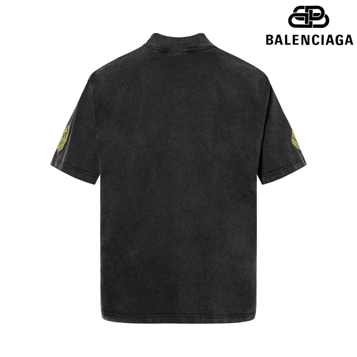 🅿️190 9210# Detailed picture Top version [[BALENCIA*GA] official website quality Paris new classic chest letter LOGO embroidered left and right sleeve badge embroidered short-sleeved T-shirt OS version loose dropped shoulders Unisex fabric: 260g 100% cotton double yarn Process: embroidery on the front left and right sleeves Garment washed distressed shaping solid color Color: washed black Size: XS S M L
