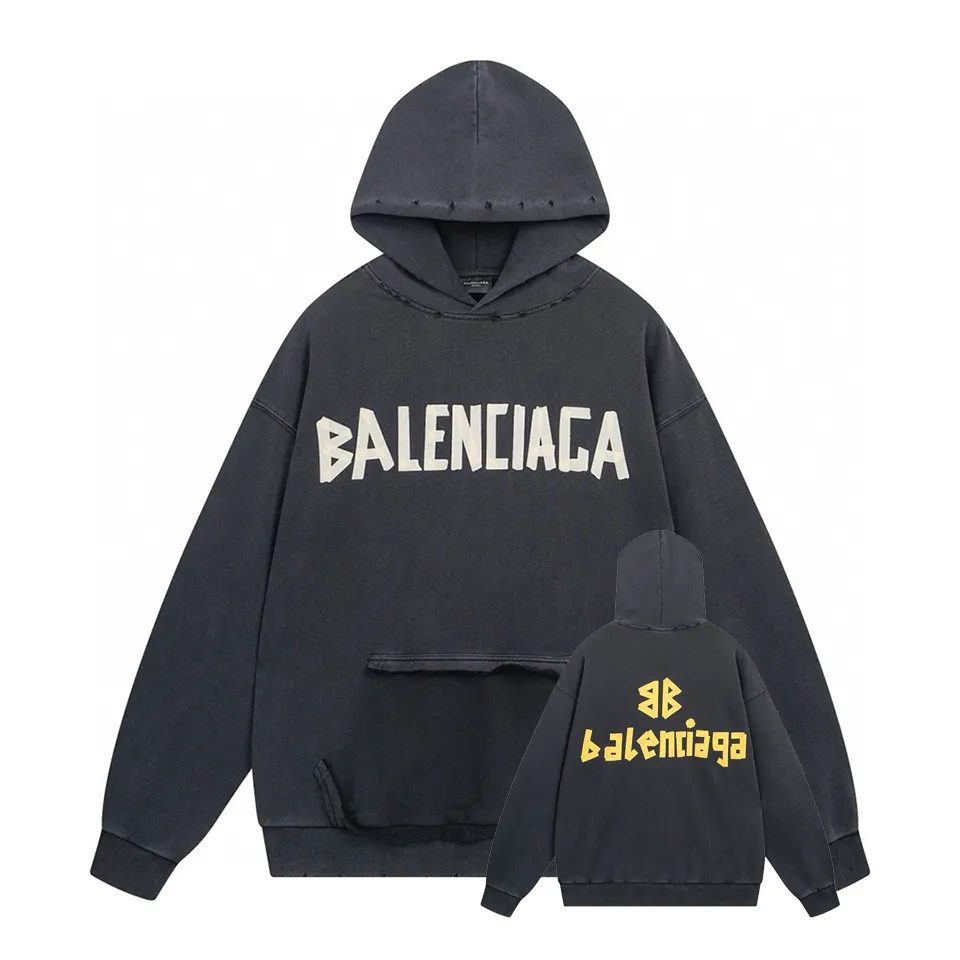 🅿️420 BALENCI*GA 24ss Paris hot-selling tape hooded sweatshirt. The front and back panels are printed with tape direct printing. Many hand-made. The ready-made garments are washed and worn. The cloth surface is clean. The cloth pattern is clear, super heavy work. Soft and comfortable. Exclusively pattern-woven and dyed 450g fabric. The threads are dyed in the same cylinder with zero color difference. Different from the market currency. The version adopts os loose shoulder version. Welcome to compare. Same style for men and women -Color: iron gray blue Paris blue washed black burgundy fluorescent yellow green khaki -SIZE: XS S M L style number 8912#