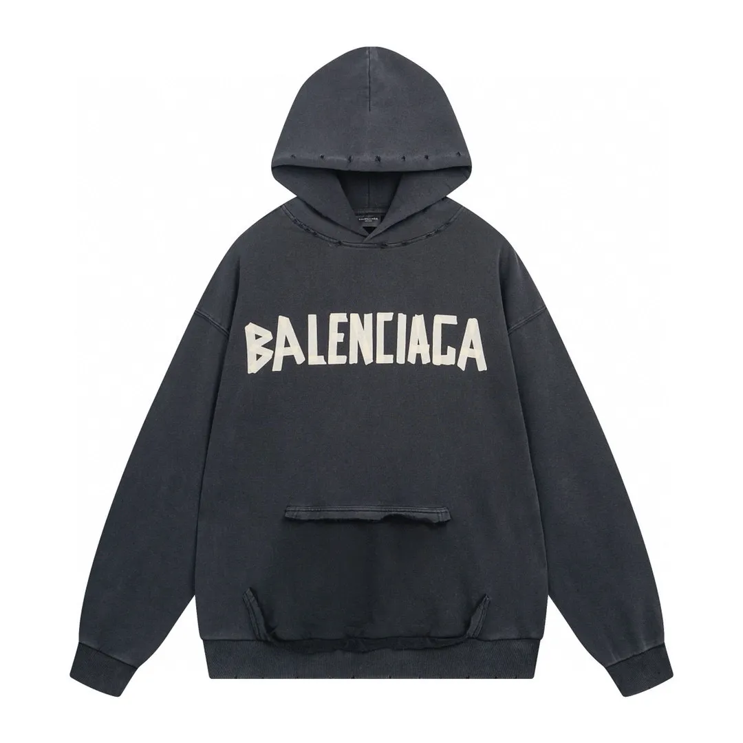 🅿️420 BALENCI*GA 24ss Paris hot-selling tape hooded sweatshirt. The front and back panels are printed with tape direct printing. Many hand-made. The ready-made garments are washed and worn. The cloth surface is clean. The cloth pattern is clear, super heavy work. Soft and comfortable. Exclusively pattern-woven and dyed 450g fabric. The threads are dyed in the same cylinder with zero color difference. Different from the market currency. The version adopts os loose shoulder version. Welcome to compare. Same style for men and women -Color: iron gray blue Paris blue washed black burgundy fluorescent yellow green khaki -SIZE: XS S M L style number 8912#