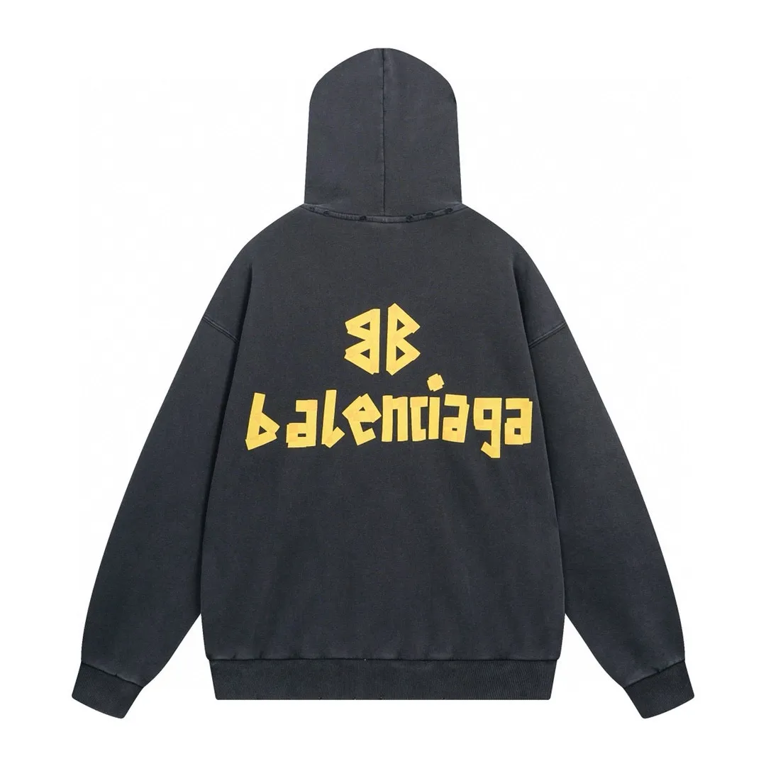 🅿️420 BALENCI*GA 24ss Paris hot-selling tape hooded sweatshirt. The front and back panels are printed with tape direct printing. Many hand-made. The ready-made garments are washed and worn. The cloth surface is clean. The cloth pattern is clear, super heavy work. Soft and comfortable. Exclusively pattern-woven and dyed 450g fabric. The threads are dyed in the same cylinder with zero color difference. Different from the market currency. The version adopts os loose shoulder version. Welcome to compare. Same style for men and women -Color: iron gray blue Paris blue washed black burgundy fluorescent yellow green khaki -SIZE: XS S M L style number 8912#