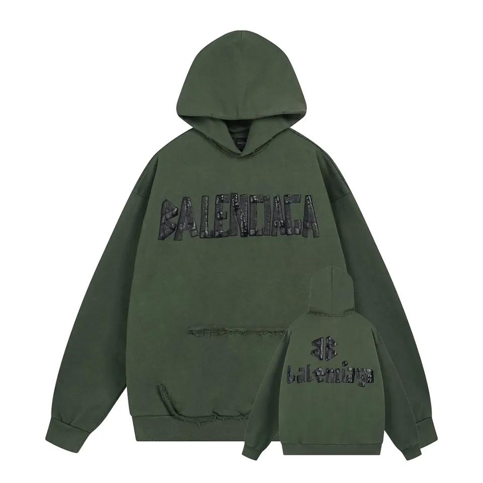 🅿️420 - BALENCI*GA 24ss Paris hot-selling tape hooded sweatshirt. The front and back panels are printed with tape direct printing. Many hand-made grinding. The ready-made clothes are washed and worn. The cloth surface is clean. The cloth pattern is clear, super heavy work. Soft and comfortable. Exclusively pattern-woven and dyed 450g fabric. Threads are dyed in the same vat with zero color difference. Different from the market currency. The version adopts os loose shoulder version. Welcome to compare, same style for men and women. -Color: Iron gray blue, Paris blue, washed black, burgundy, fluorescent yellow, green, khaki -SIZE: XS S M L style number 8912#