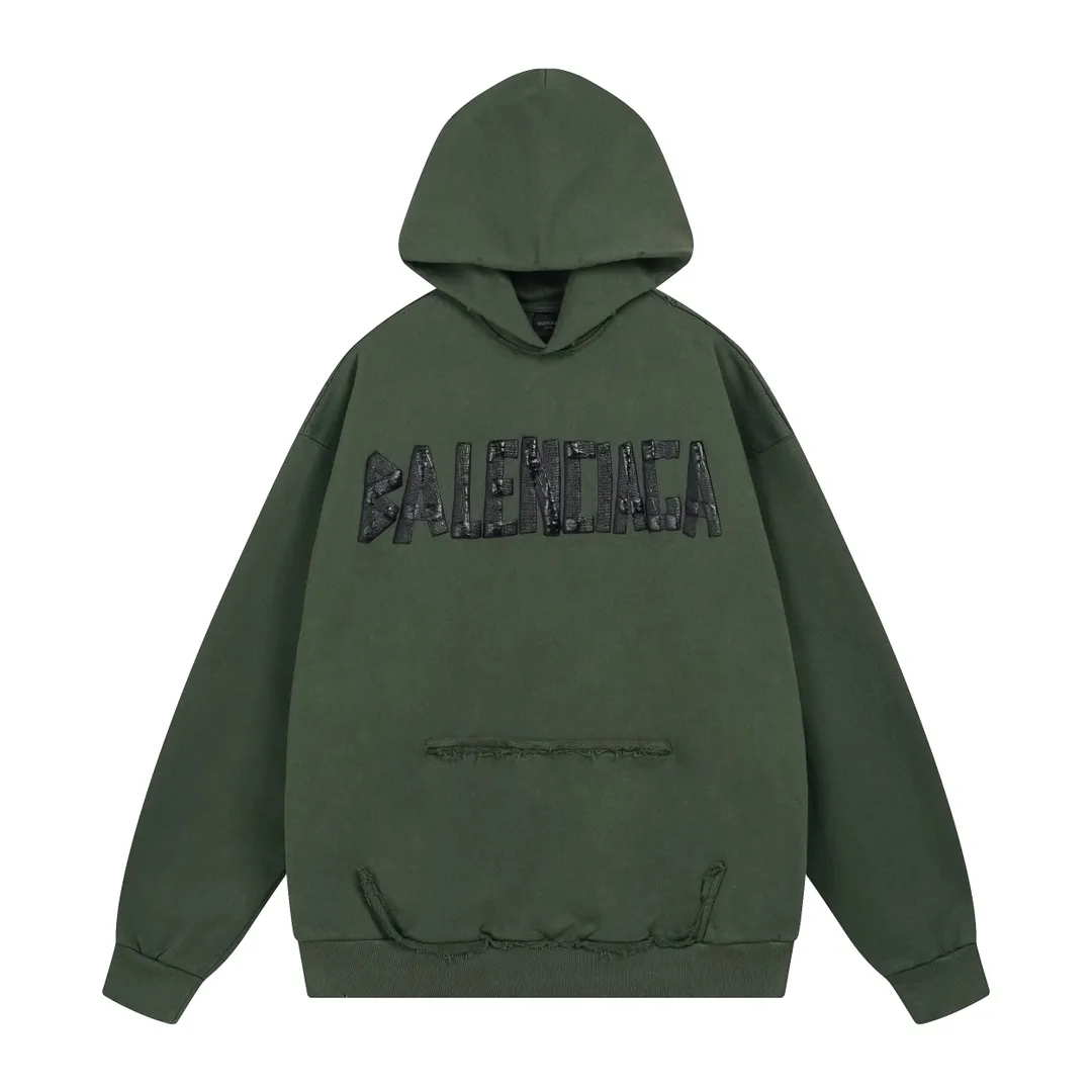 🅿️420 - BALENCI*GA 24ss Paris hot-selling tape hooded sweatshirt. The front and back panels are printed with tape direct printing. Many hand-made grinding. The ready-made clothes are washed and worn. The cloth surface is clean. The cloth pattern is clear, super heavy work. Soft and comfortable. Exclusively pattern-woven and dyed 450g fabric. Threads are dyed in the same vat with zero color difference. Different from the market currency. The version adopts os loose shoulder version. Welcome to compare, same style for men and women. -Color: Iron gray blue, Paris blue, washed black, burgundy, fluorescent yellow, green, khaki -SIZE: XS S M L style number 8912#