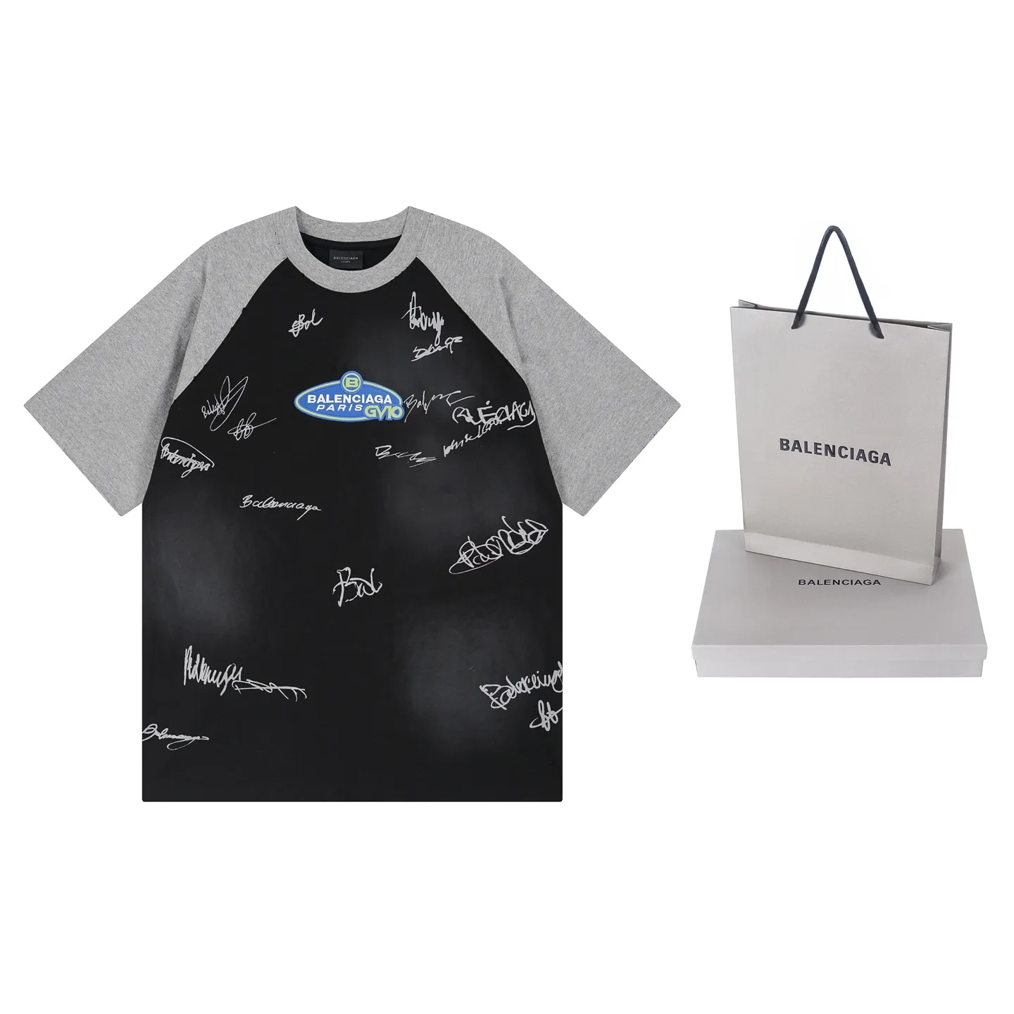 🅿️230 real photos [Top version. Official website quality] BALENCI*GA/Paris #2025 new style raglan sleeves, color matching, signature printing, embroidery LOGO, washed, distressed, hand-painted graffiti, new short-sleeved T-shirt. #2025 Brick Cabinet Synchronization Extra heavy craftsmanship. Welcome to compare. The fabric is made of Paris ZP custom-woven and dyed cotton double yarn, with a weight of 260 grams. The cloth surface is clean. The cloth pattern is clear, soft and comfortable. The threads are dyed with no color difference. The signature is printed with environmentally friendly glue, and the classic letter LOGO is embroidered with an imported Tajima embroidery machine. The letters are clear and the effect is three-dimensional. Restore brick cabinet, adopt OS loose shoulder style. Same style for men and women. Code: BL253728 Color: black, white, yellow Size: XS S M L