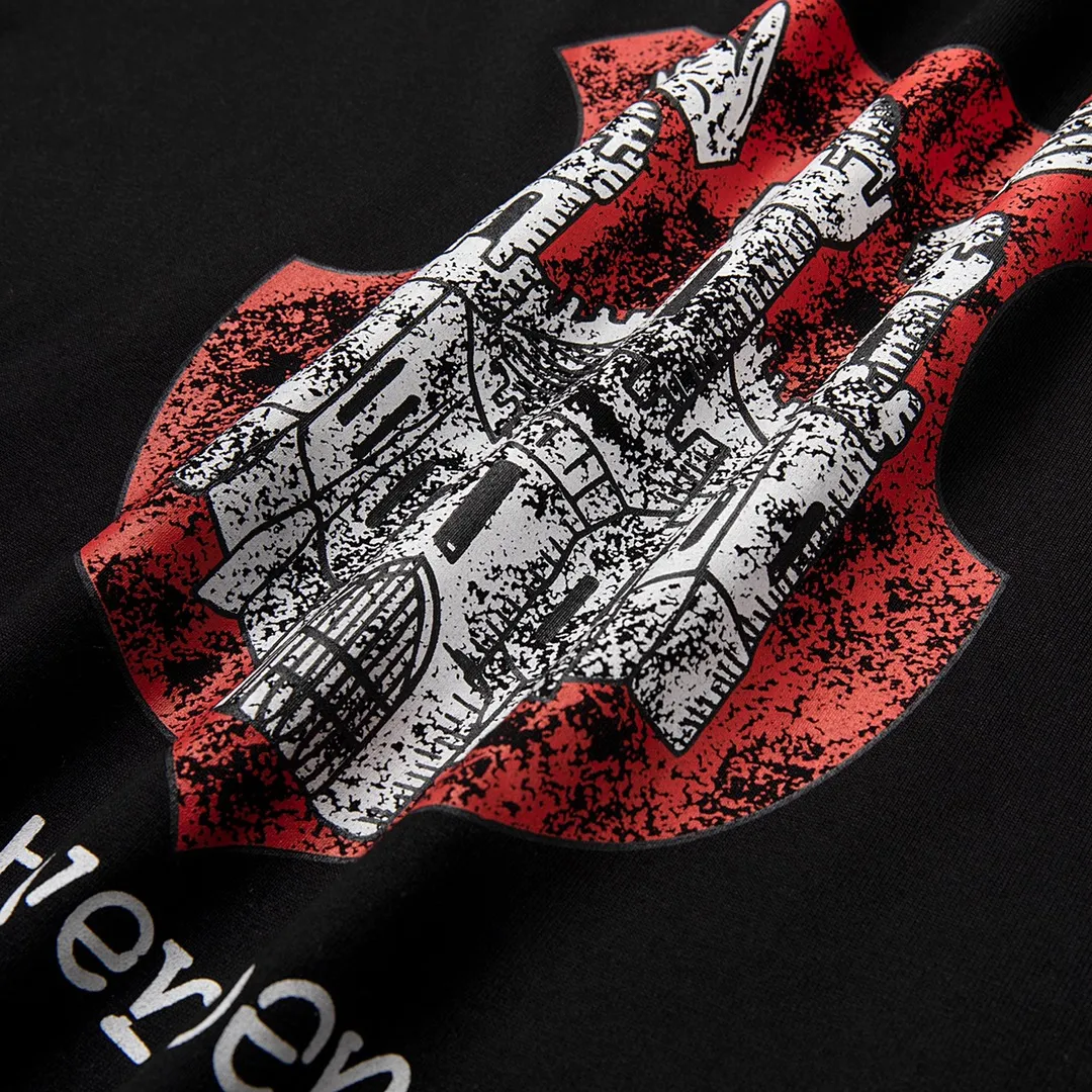 🅿️170 9135# Detailed picture Top version [[BALENCIA*GA] Official website quality Paris new joint Antwerp Castle series reverse stitched short-sleeved T-shirt OS version Loose dropped shoulders Unisex fabric: 260 grams 100% cotton double yarn Process: front panel printing reverse stitching garment wash worn worn styling solid color Color: black Size: XS S M L