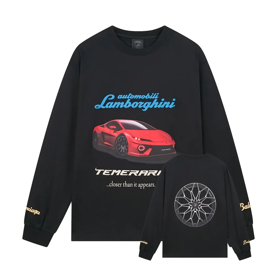 🅿️280 BALENCI*GA Paris co-branded Lamborghini Lamborghini front and back long-sleeved T-shirt with direct-injection printing on the left and right sleeves. The printing is done by computer direct-injection. The letters are clear and the effect is three-dimensional. Exclusively woven and dyed 280g fabric. Threads are dyed in the same cylinder with zero color difference. The version adopts OS loose off-shoulder version. Welcome to compare. Same style for men and women -Color: white gray black -SIZE: Xs S M L Style number 8537#