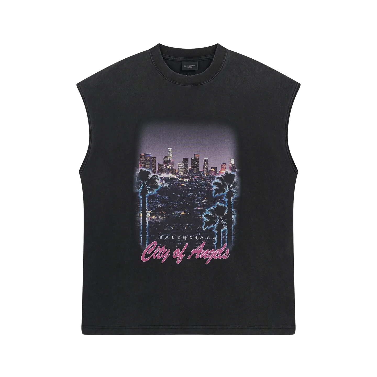 🅿️180 real shots [Top version. Official website quality] BALENCI*GA/25 new model. Garment-washed sleeveless T-shirt with Los Angeles night scene direct-printed print on the front #SS25 latest style. Research and development at the first time, different market currencies. Comparisons welcome. The fabric is made of Paris ZP custom-woven and dyed cotton double yarn. Weighing 260 grams, the cloth surface is clean. The cloth pattern is clear, soft and comfortable. The threads are dyed with no color difference. Printing adopts computer direct printing. Garments are washed and aged. Jubie market currency. Welcome to compare. The version adopts OS loose shoulder design. Same style for men and women. Code: BL253696 Color: washed black Size: XS S M L