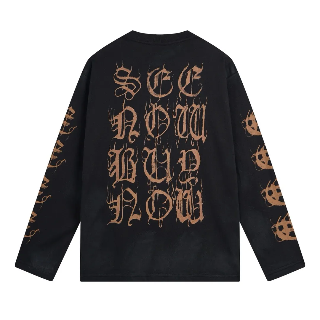 🅿️230 detailed pictures [Top version. Official website quality] BALENCI*GA/Paris. 2024 latest Sanskrit letters LOGO hand-painted worn distressed long-sleeved T-shirt. Brick cabinet synchronization. ⚠️Difference in market currency. YB development. Color system is black and blue. Worn. Hand-painted consistent with ZP,‼ ️The fabric is made of Paris ZP custom-woven and dyed 100% cotton with double yarn compactness. The weight is 260 grams, the cloth surface is clean. The cloth pattern is clear, soft and comfortable, and the threads are dyed with no color difference. Ready-made garments are hand-painted, worn, and distressed, with heavy craftsmanship. Comparisons welcome. The version adopts OS loose shoulder design. Same style for men and women. Code: BL225012 Color: black blue Size: XS S M L