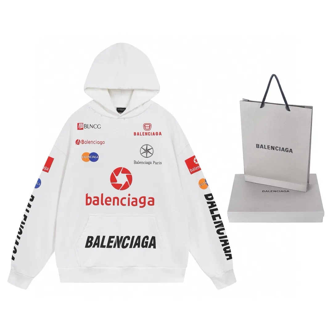 🅿️320 real photos [Top version. Official website quality] BALENCI*GA/Paris BALENCI*GA#2024 latest model, many classic full LOGO racing suits printed ready-to-wear worn hooded sweatshirts and brick cabinets synchronized. Genuine products are developed and developed in the first time. Welcome to compare! The fabric is made of Paris ZP custom-woven and dyed cotton sweatshirt. The weight is 450 grams. The cloth surface is clean. The cloth pattern is clear. It is soft and comfortable. It has good color fastness and is not easy to change color. The threads are woven and dyed with no color difference. The printing is done by computer direct printing, with a three-dimensional effect. The garments are distressed and worn, with ultra-high craftsmanship. The version adopts the OS loose shoulder style. Same style for men and women. Coding: BL238009 Color: white, dark blue gray Size: XS S M L
